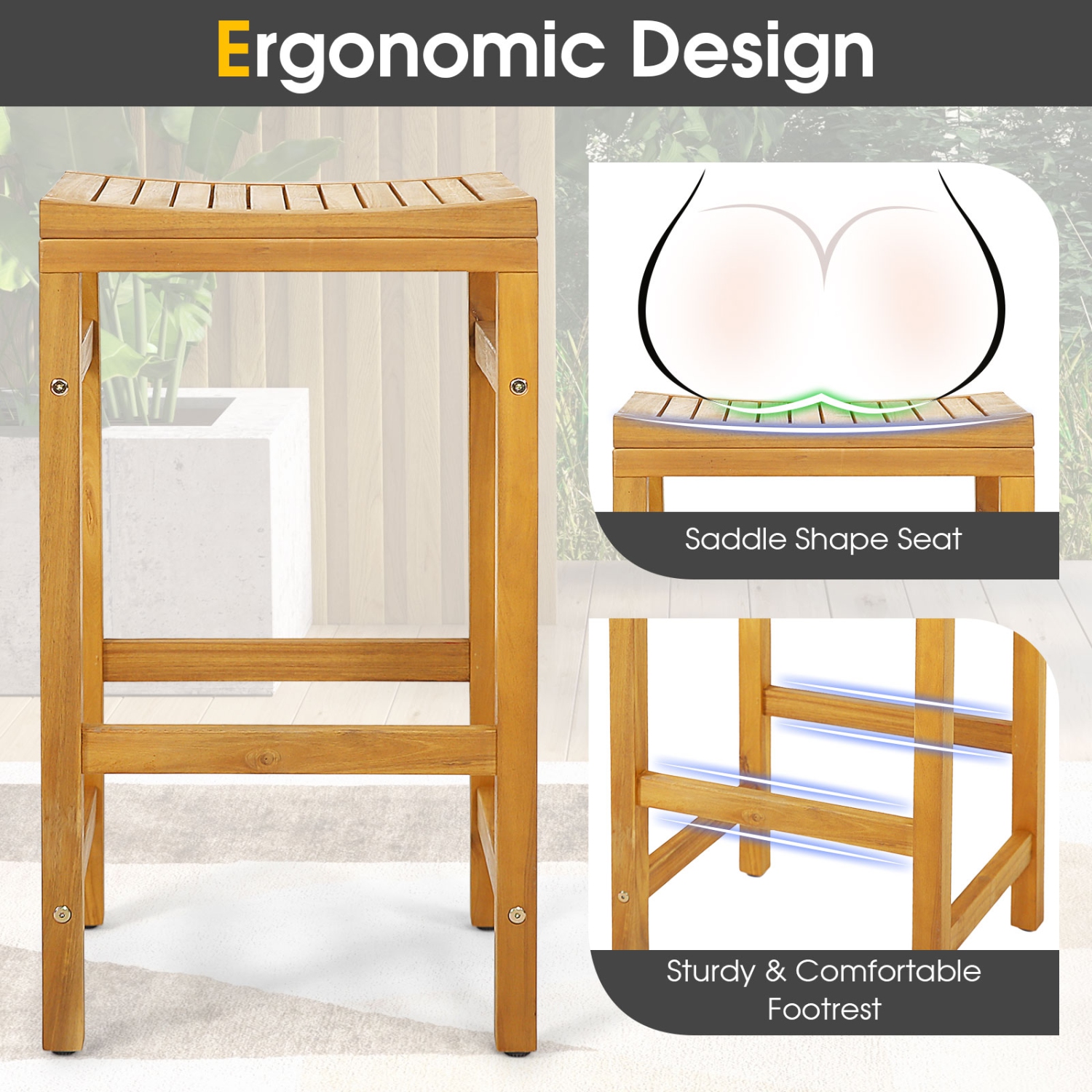 Costway 5 PCS Acacia Wood Bar Table Set 45" Rectangular Dining Table & 4 Saddle Stools