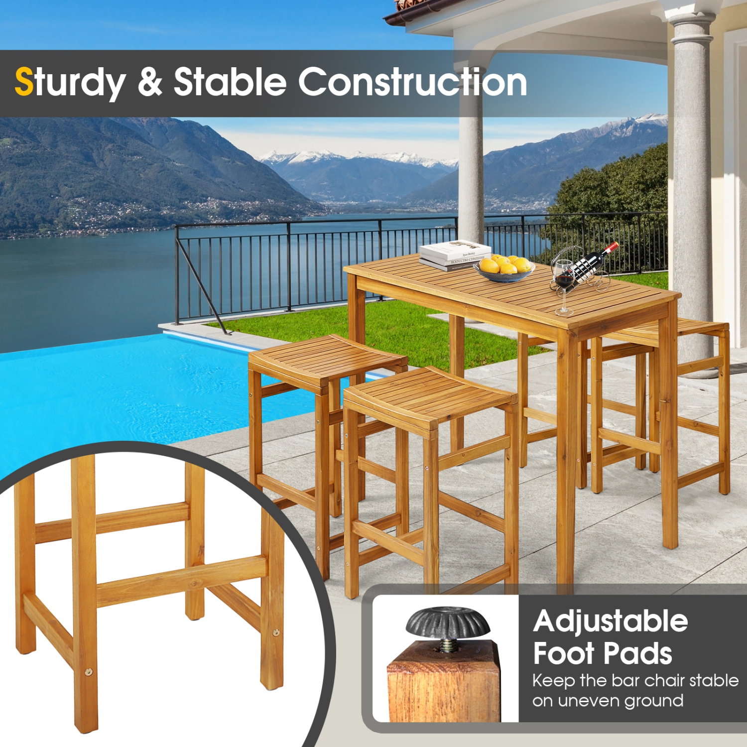 Costway 5 PCS Acacia Wood Bar Table Set 45" Rectangular Dining Table & 4 Saddle Stools