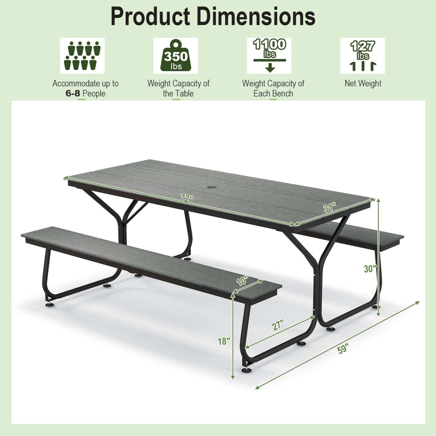 Costway 6FT Picnic Table Bench Set Outdoor HDPE Heavy-Duty Table for 6-8 Person Brown/Grey