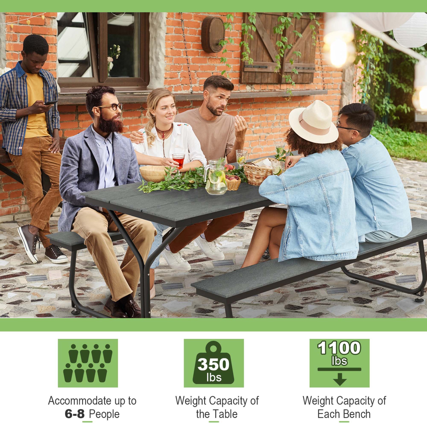 Costway 6FT Picnic Table Bench Set Outdoor HDPE Heavy-Duty Table for 6-8 Person Brown/Grey