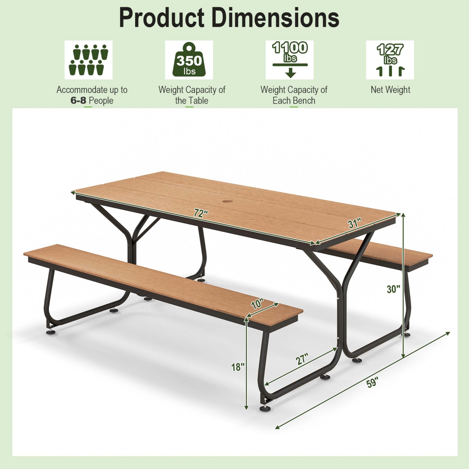 Costway 6FT Picnic Table Bench Set Outdoor HDPE Heavy-Duty Table for 6-8 Person Brown/Grey