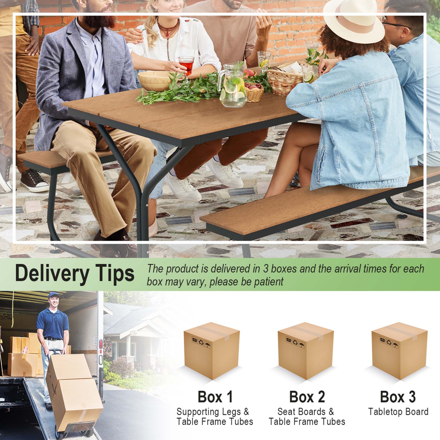 Costway 6FT Picnic Table Bench Set Outdoor HDPE Heavy-Duty Table for 6-8 Person Brown/Grey