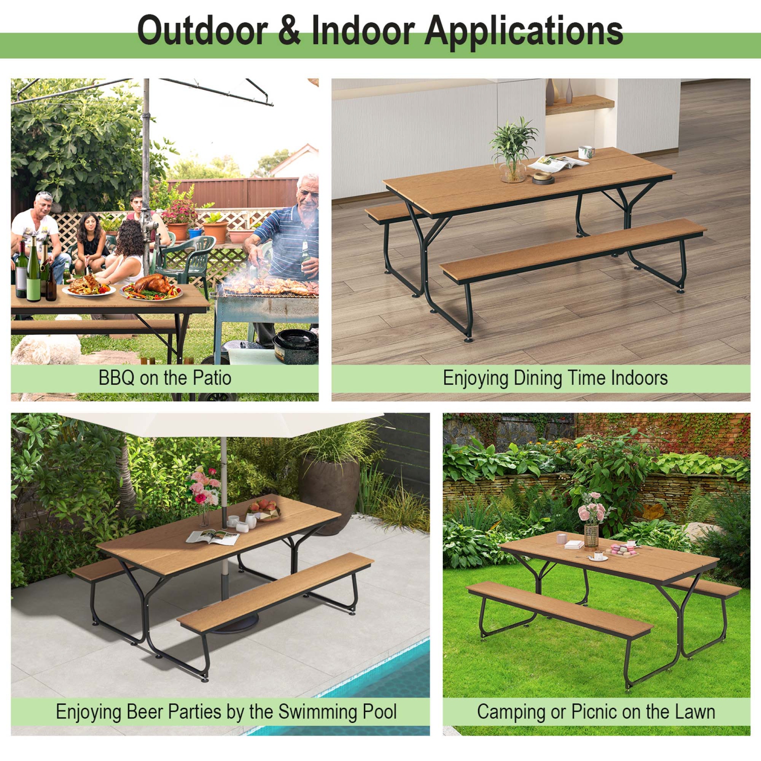 Costway 6FT Picnic Table Bench Set Outdoor HDPE Heavy-Duty Table for 6-8 Person Brown/Grey