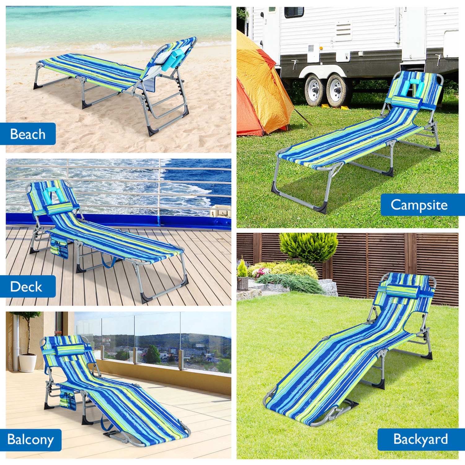 Chaise longue pliante de plage extérieure Goplus 2 PCS avec coussin
