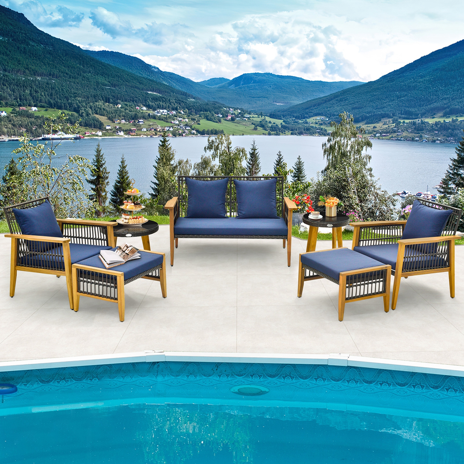 Costway 7 Piece Conversation Set Rattan Woven Chair Set with 2 Coffee Tables & 2 Ottomans