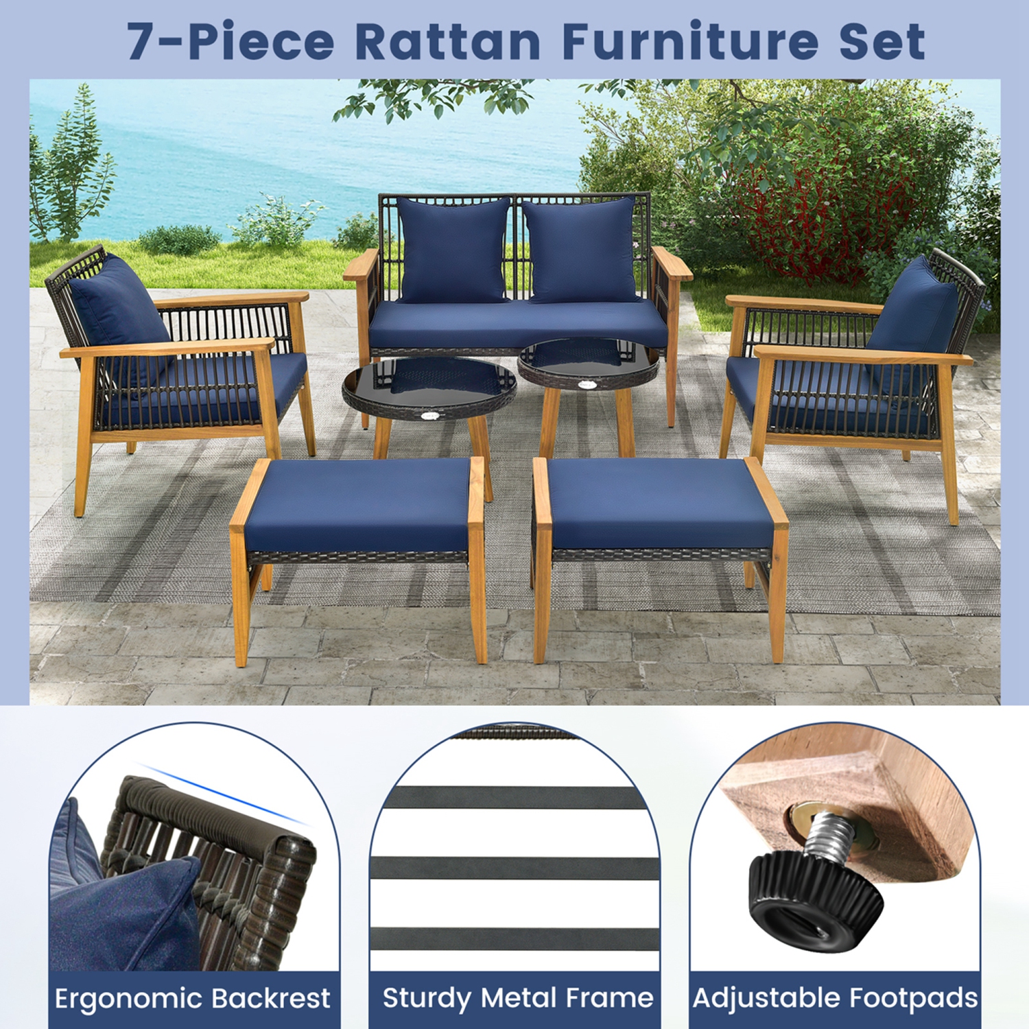 Costway 7 Piece Conversation Set Rattan Woven Chair Set with 2 Coffee Tables & 2 Ottomans