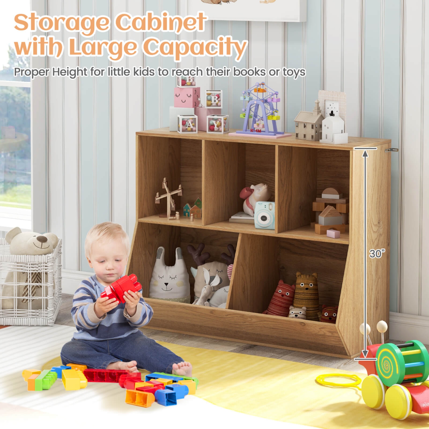 Costway 5-Cubby Kids Toy Storage Organizer Wooden Bookshelf Display Cabinet