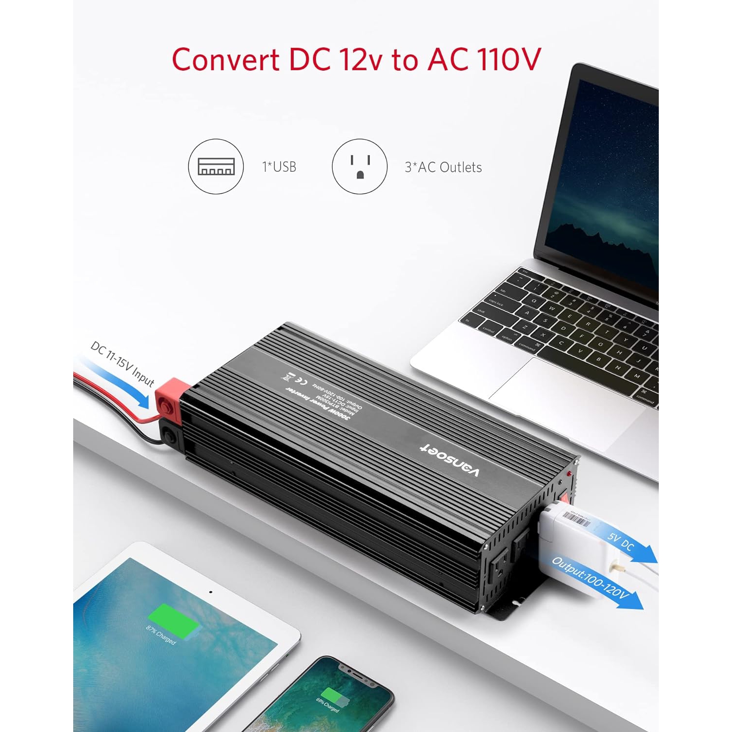 Onduleur continu-alternatif 3000 W, car Inverter DC 12&nbsp;V à 120&nbsp;V avec 3 prises c.a., USB 2,4&nbsp;A, adaptateur de chargeur de voiture pour