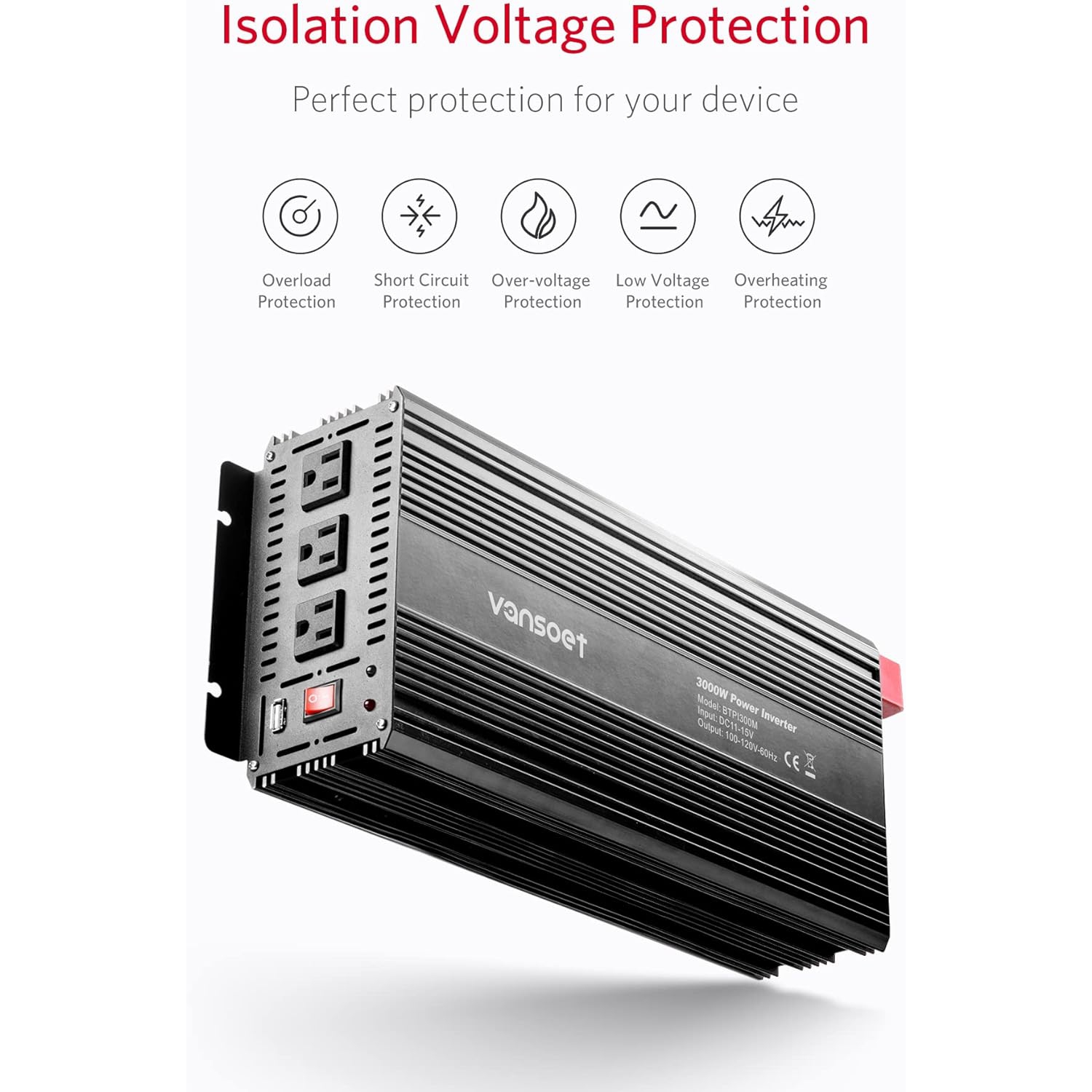 Onduleur continu-alternatif 3000 W, car Inverter DC 12&nbsp;V à 120&nbsp;V avec 3 prises c.a., USB 2,4&nbsp;A, adaptateur de chargeur de voiture pour