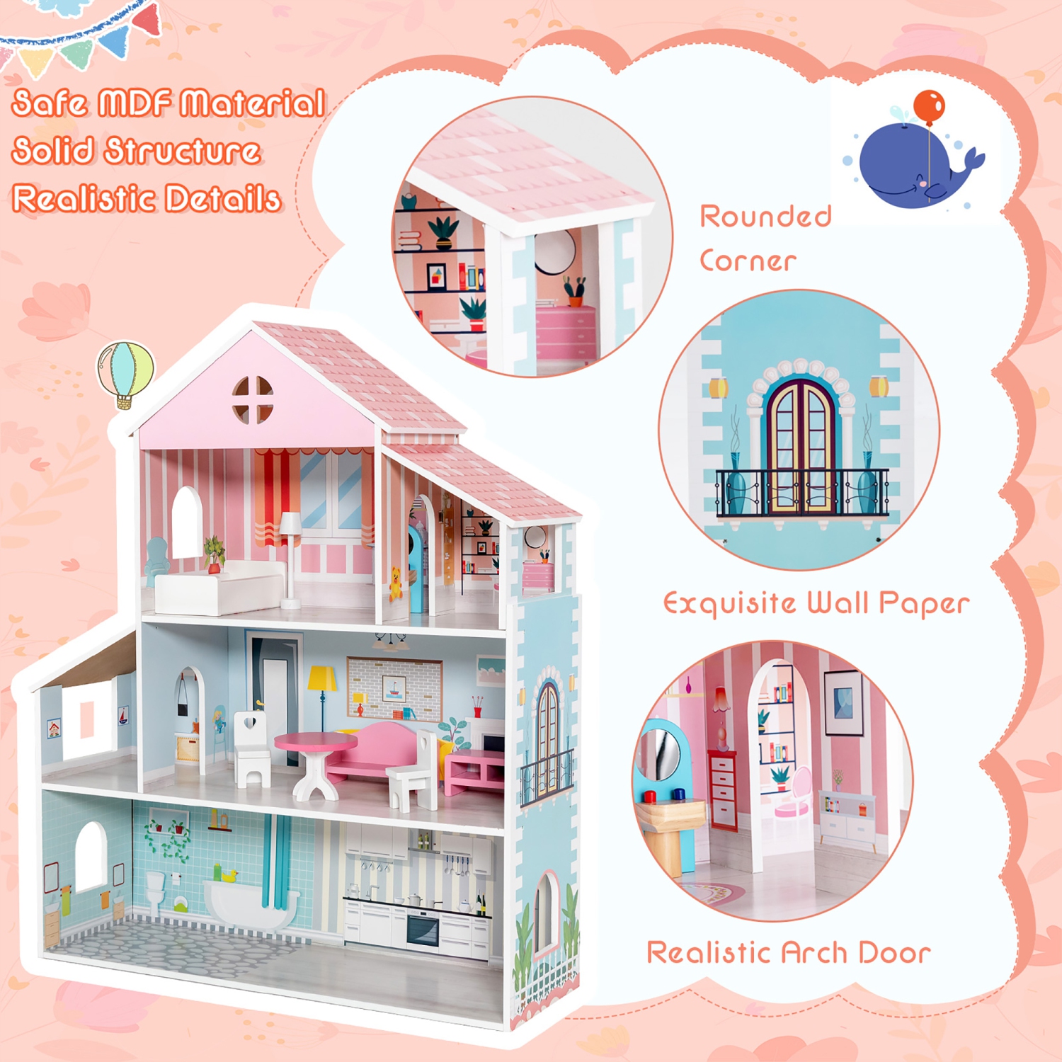 Costway Wooden Dollhouse For Kids 3 Tier Toddler Doll House W Furniture Gift For Age 3 Best Buy Canada