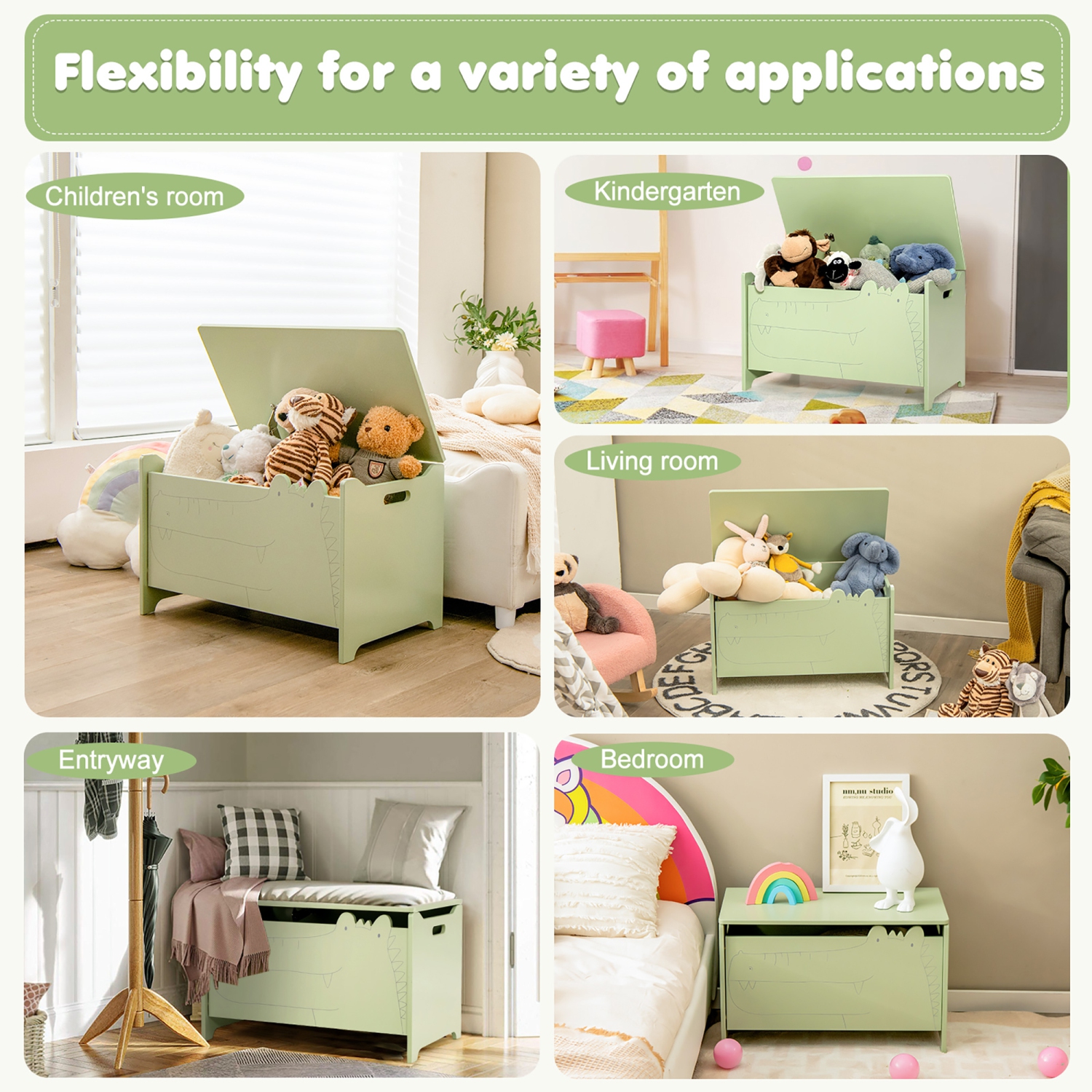 Costway Kids Toy Box w/Safety Hinge Wood Storage Chest Flip-Top Storage Organizer Green
