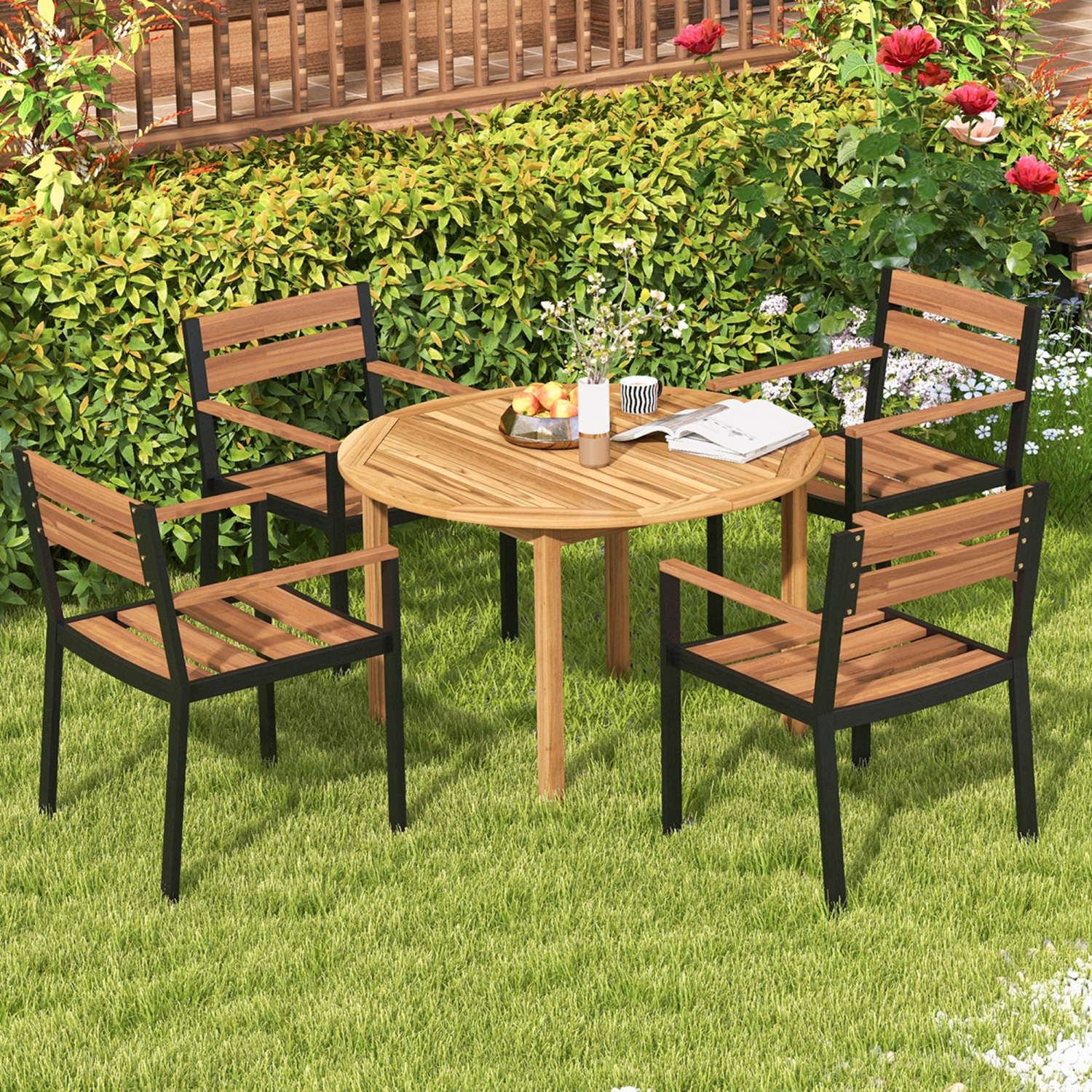Costway Patio Dining Table Acacia Wood Round Outdoor Bistro Table 4-Person for Deck Lawn