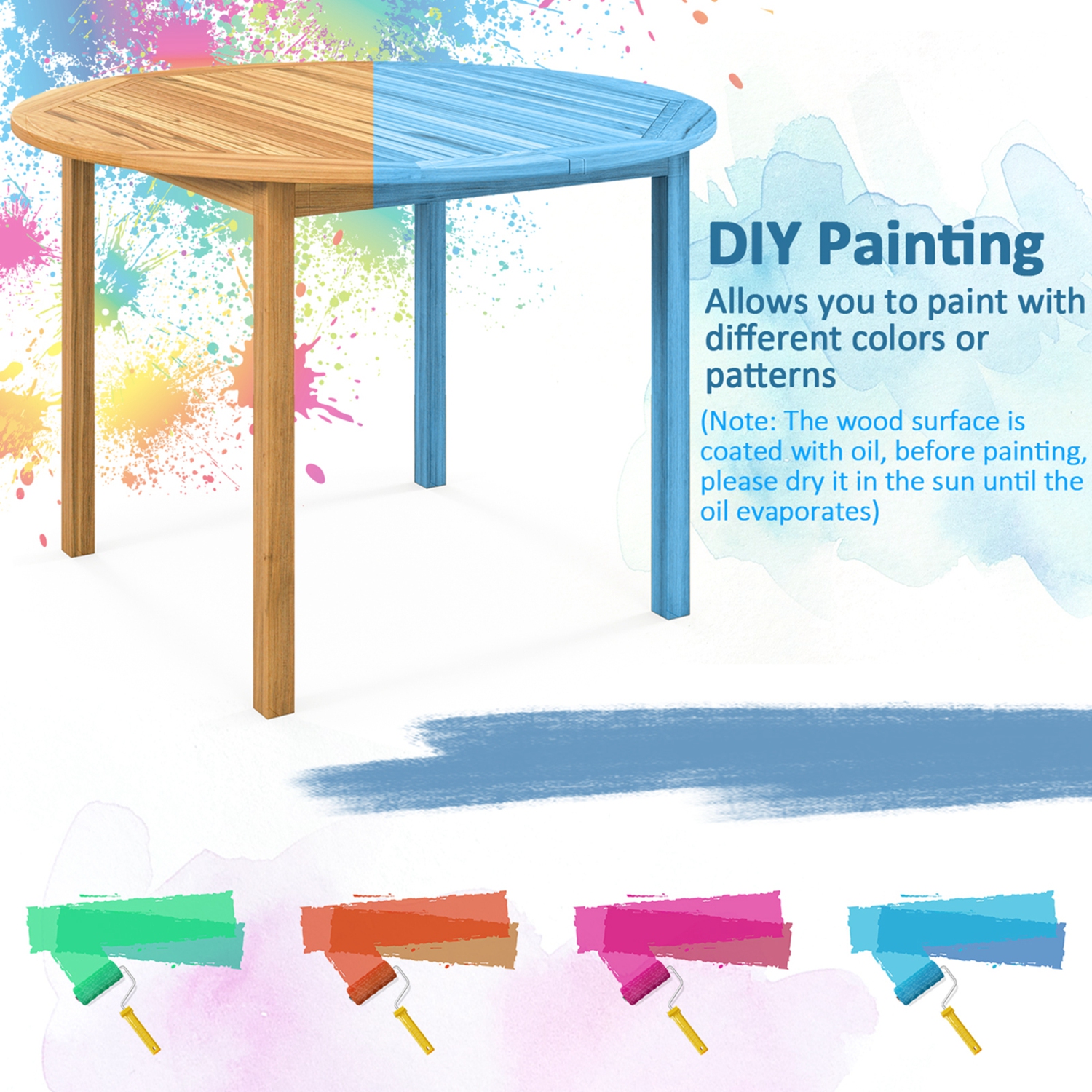 Costway Patio Dining Table Acacia Wood Round Outdoor Bistro Table 4-Person for Deck Lawn