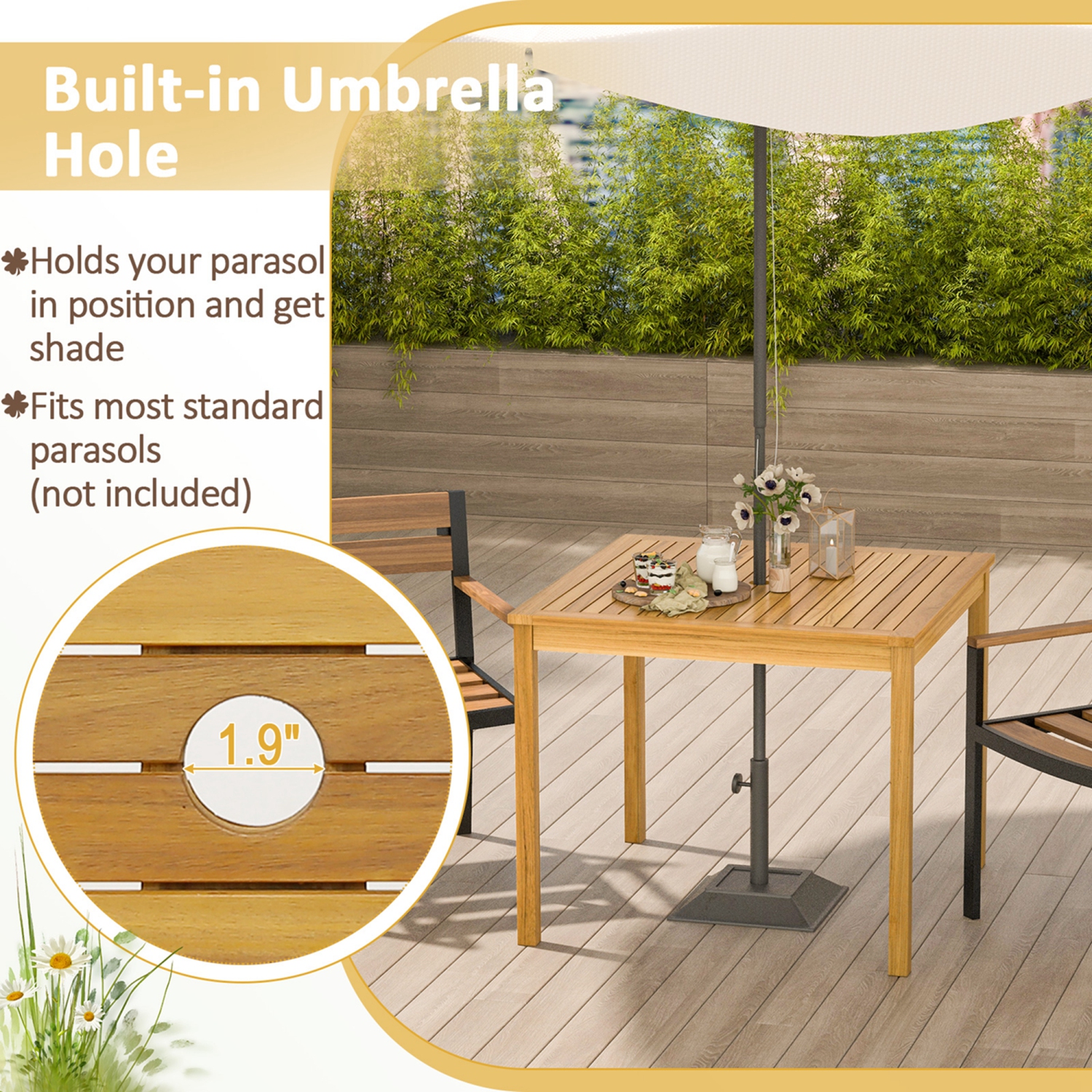 Costway Patio Dining Table Acacia Wood Square Outdoor Bistro with 1.9" Umbrella Hole Yard