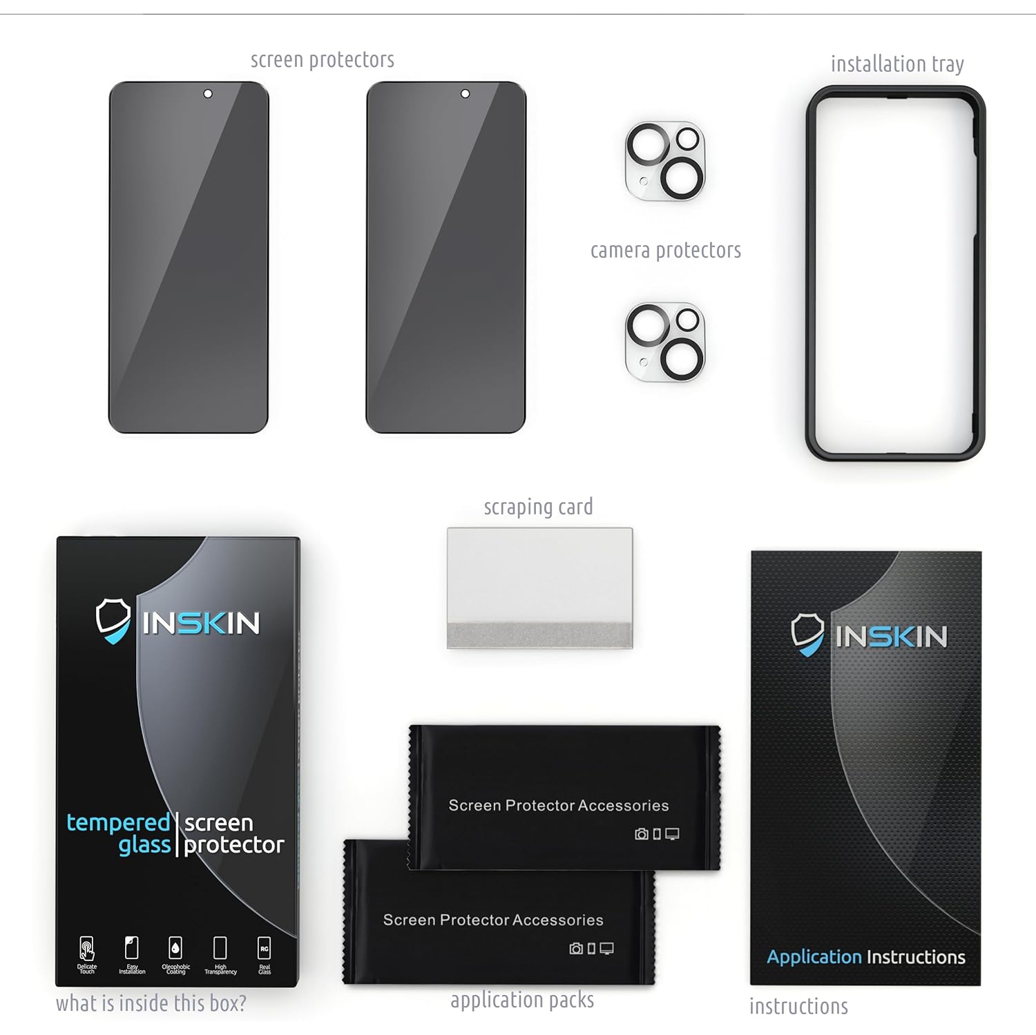 Inskin Privacy Screen Protector for iPhone 15 Plus - 2+2 Tempered Glass for Screen & Camera Lens, Auto-Align Installation, Long-Lasting Plasma