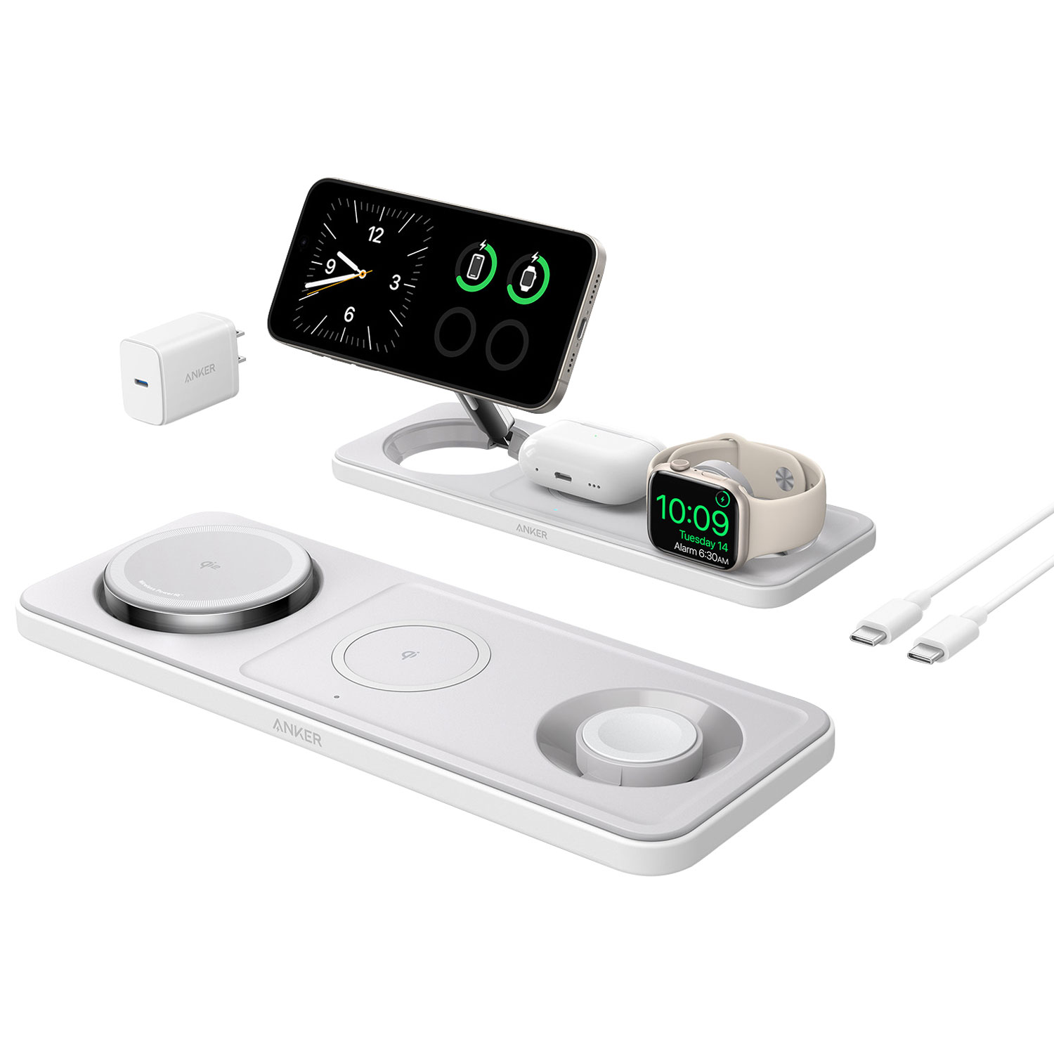 Station de recharge sans fil 3-en-1 de 15 W MagGo Qi2 d'Anker pour iPhone/AirPods/Apple Watch - Blanc