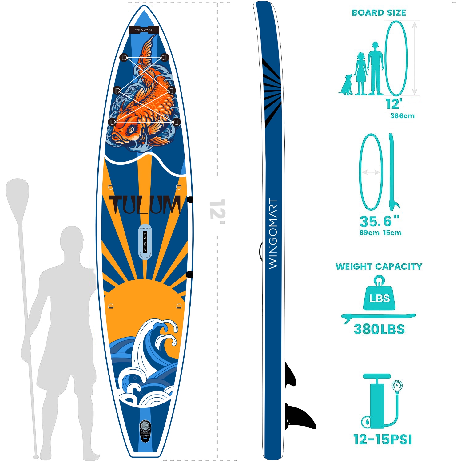Planche à rame gonflable XL de WINGOMART avec accessoires et sac de transport de qualité supérieure 12 pi |Planche à pagaie améliorée avec 3 ailerons