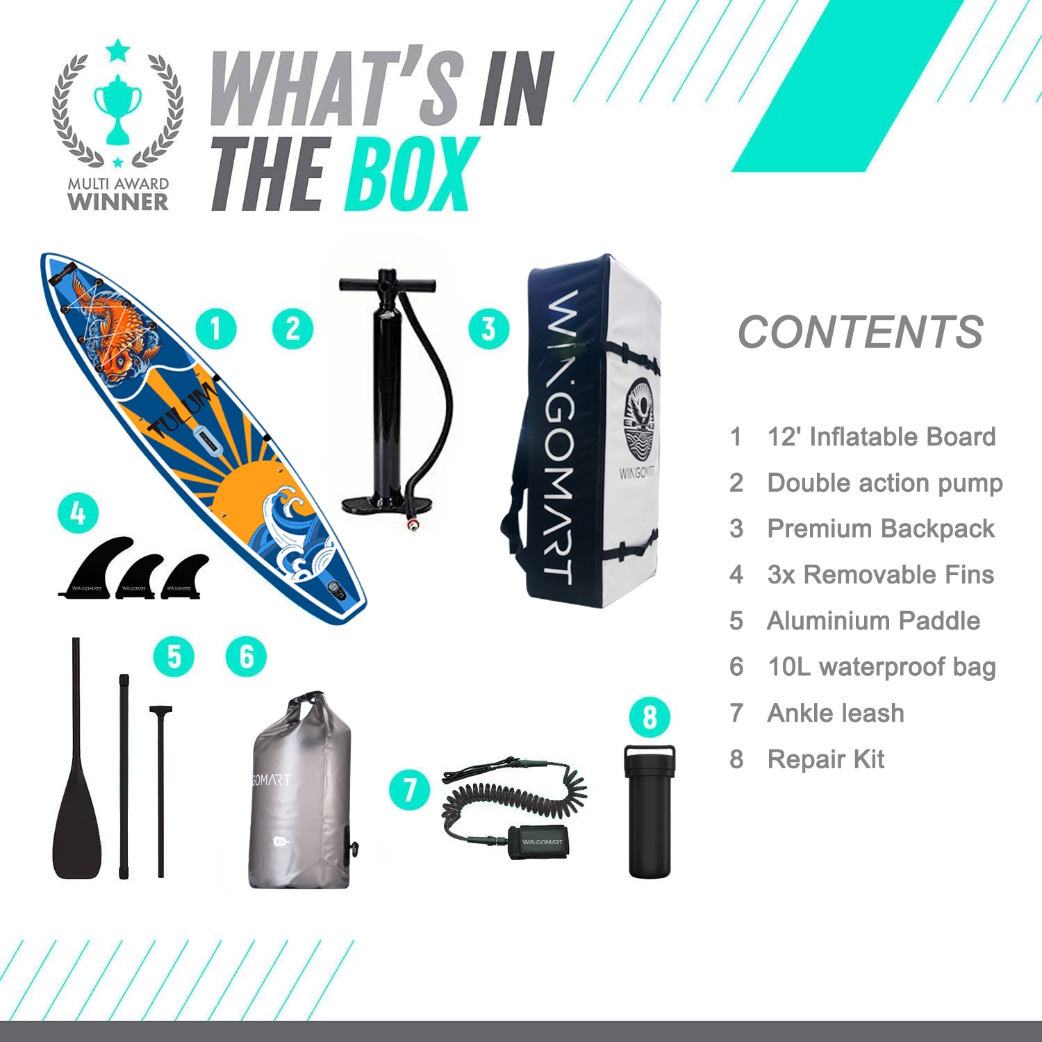 Planche à rame gonflable XL de WINGOMART avec accessoires et sac de transport de qualité supérieure 12 pi |Planche à pagaie améliorée avec 3 ailerons