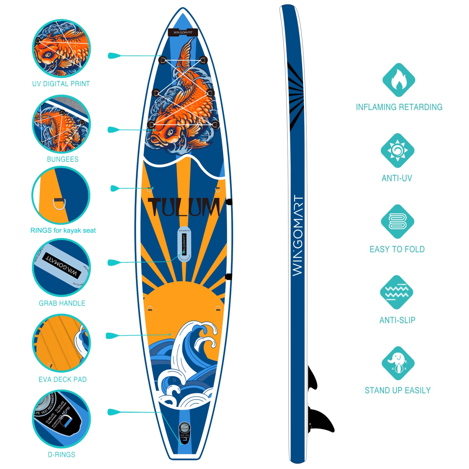 Planche à rame gonflable XL de WINGOMART avec accessoires et sac de transport de qualité supérieure 12 pi |Planche à pagaie améliorée avec 3 ailerons