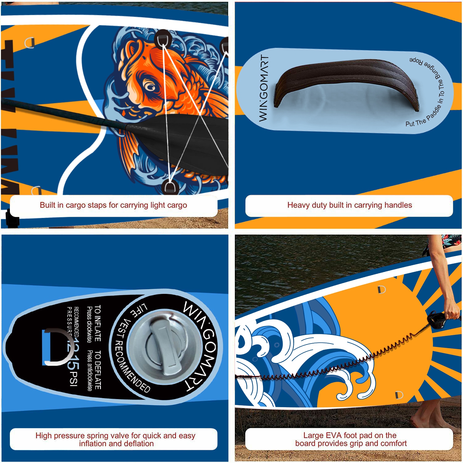 Planche à rame gonflable XL de WINGOMART avec accessoires et sac de transport de qualité supérieure 12 pi |Planche à pagaie améliorée avec 3 ailerons