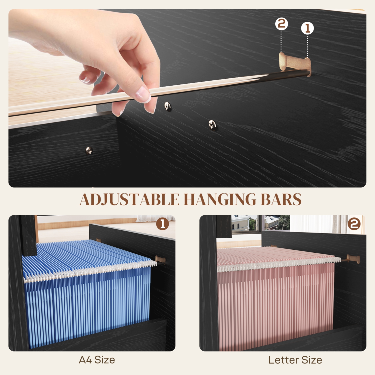 HOMCOM – Classeur avec 4 tiroirs pour le bureau à domicile, classeur vertical avec verrou, barre de suspension réglable pour A4 et format lettre, noir