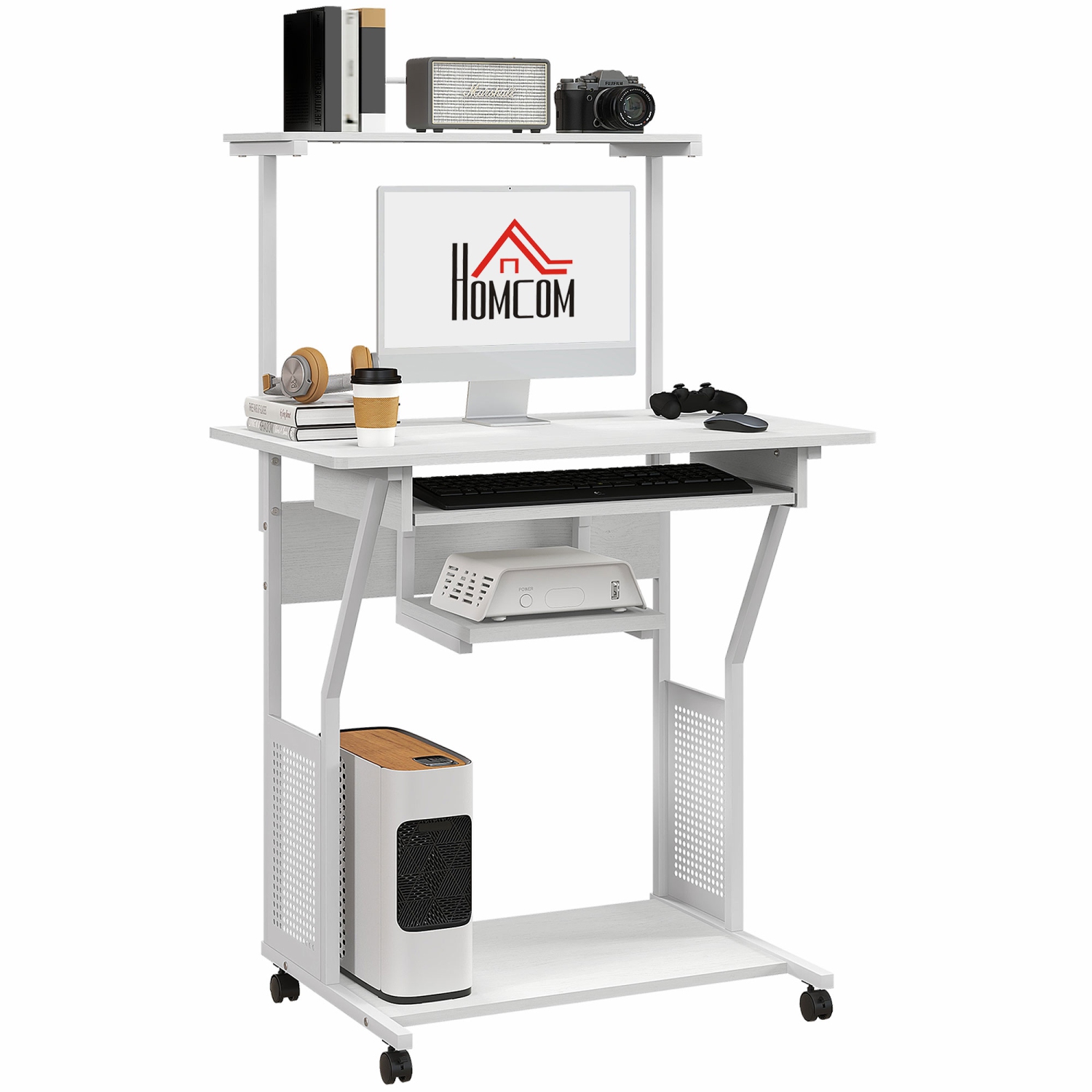 HOMCOM – Bureau d’ordinateur de 32 po, bureau à domicile mobile avec plateau pour clavier et tablettes de rangement, poste de travail sur roulettes,