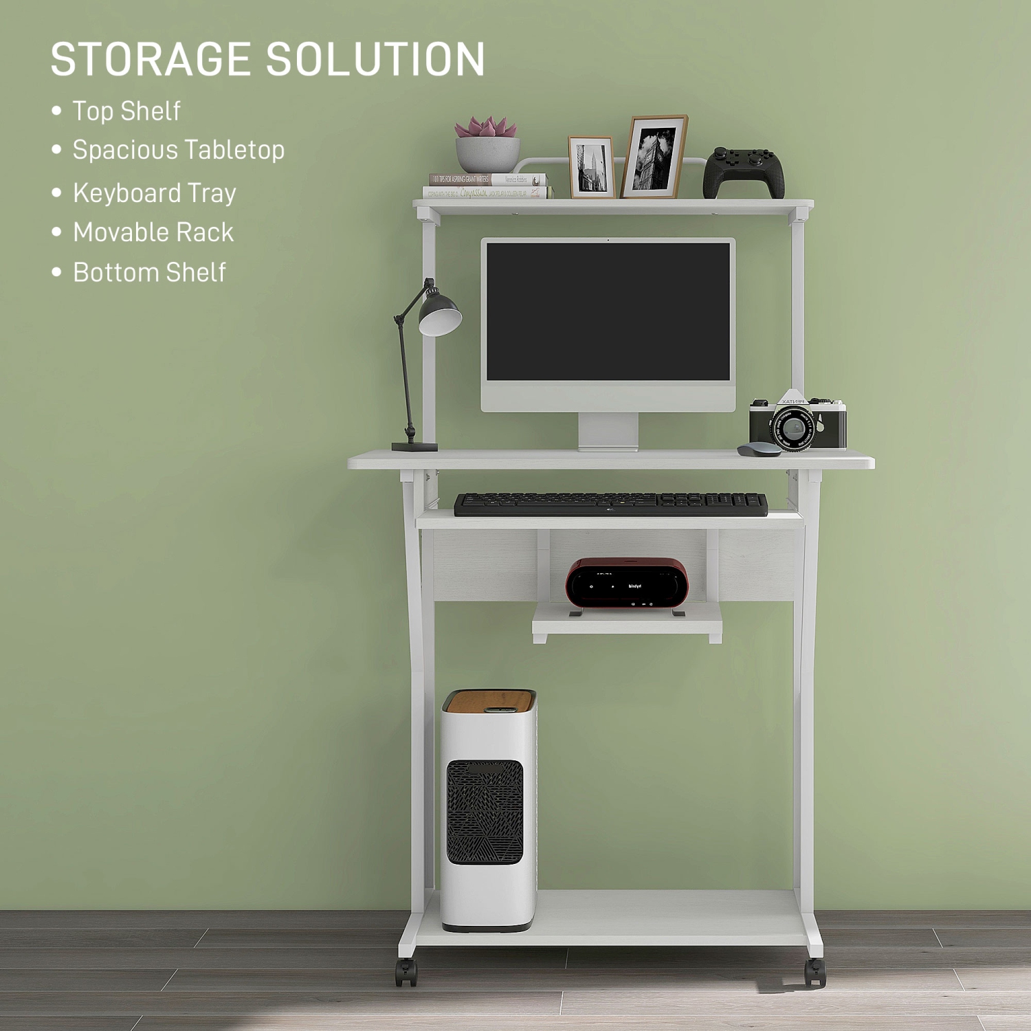 HOMCOM – Bureau d’ordinateur de 32 po, bureau à domicile mobile avec plateau pour clavier et tablettes de rangement, poste de travail sur roulettes,