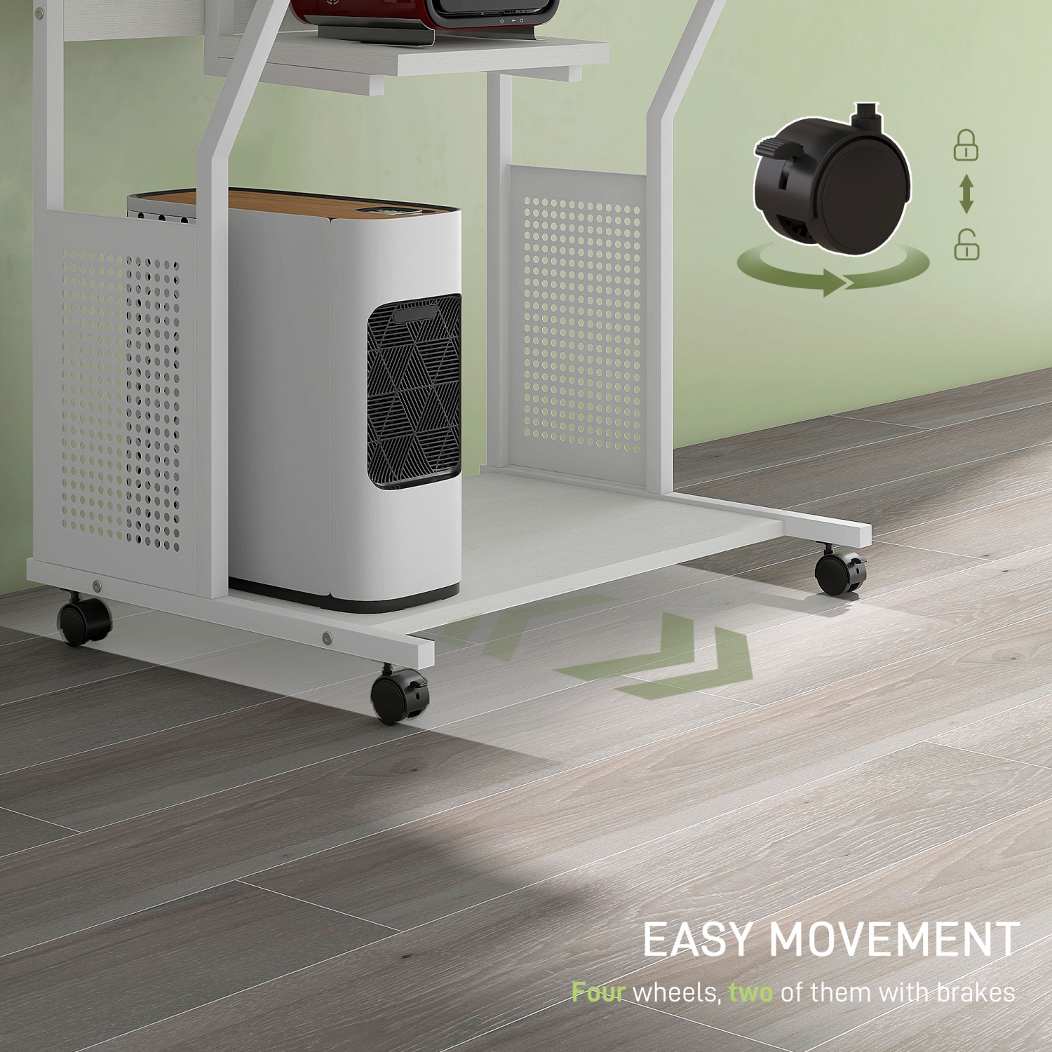 HOMCOM – Bureau d’ordinateur de 32 po, bureau à domicile mobile avec plateau pour clavier et tablettes de rangement, poste de travail sur roulettes,