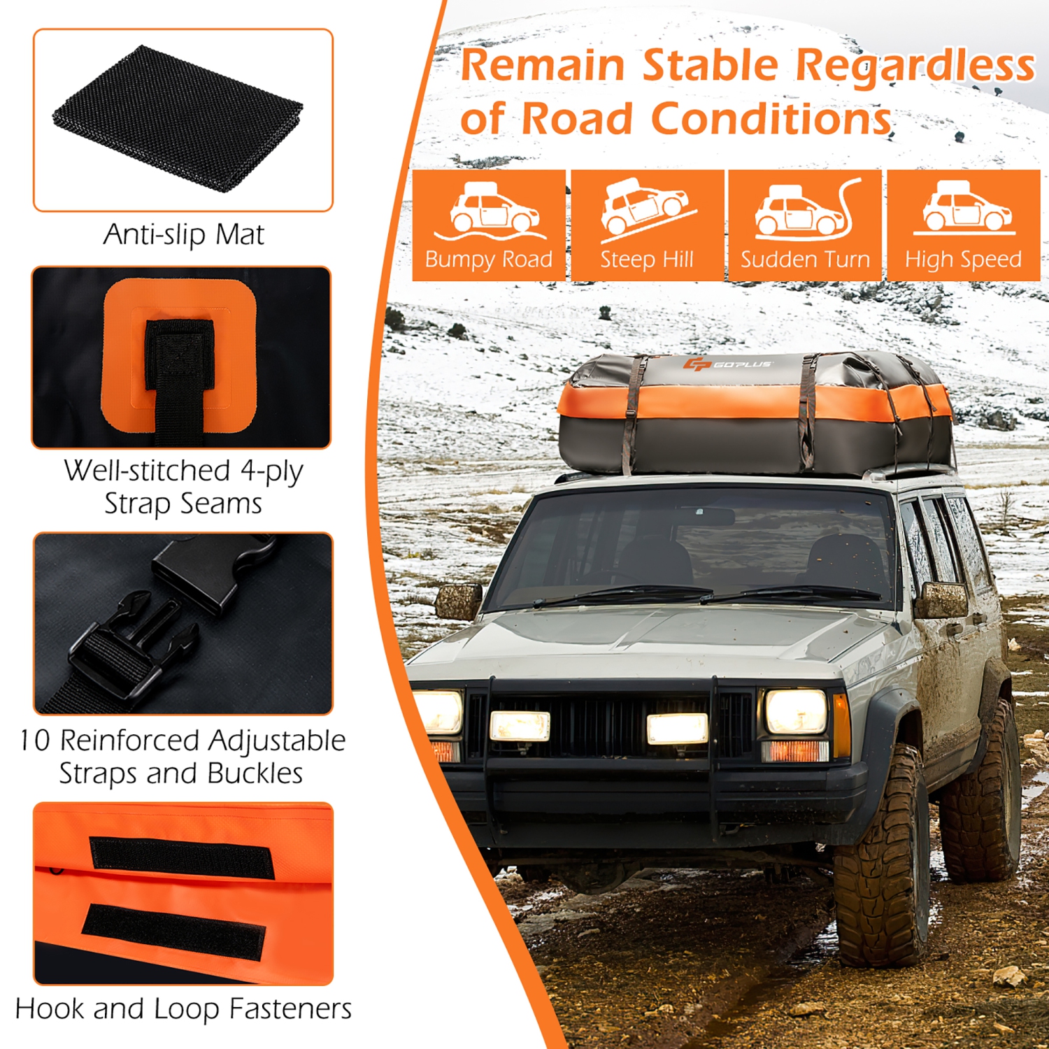 Goplus Sac de toit de voiture de 21 pieds cubes Porte-bagages de toit étanche Sac à bagages à dessus souple