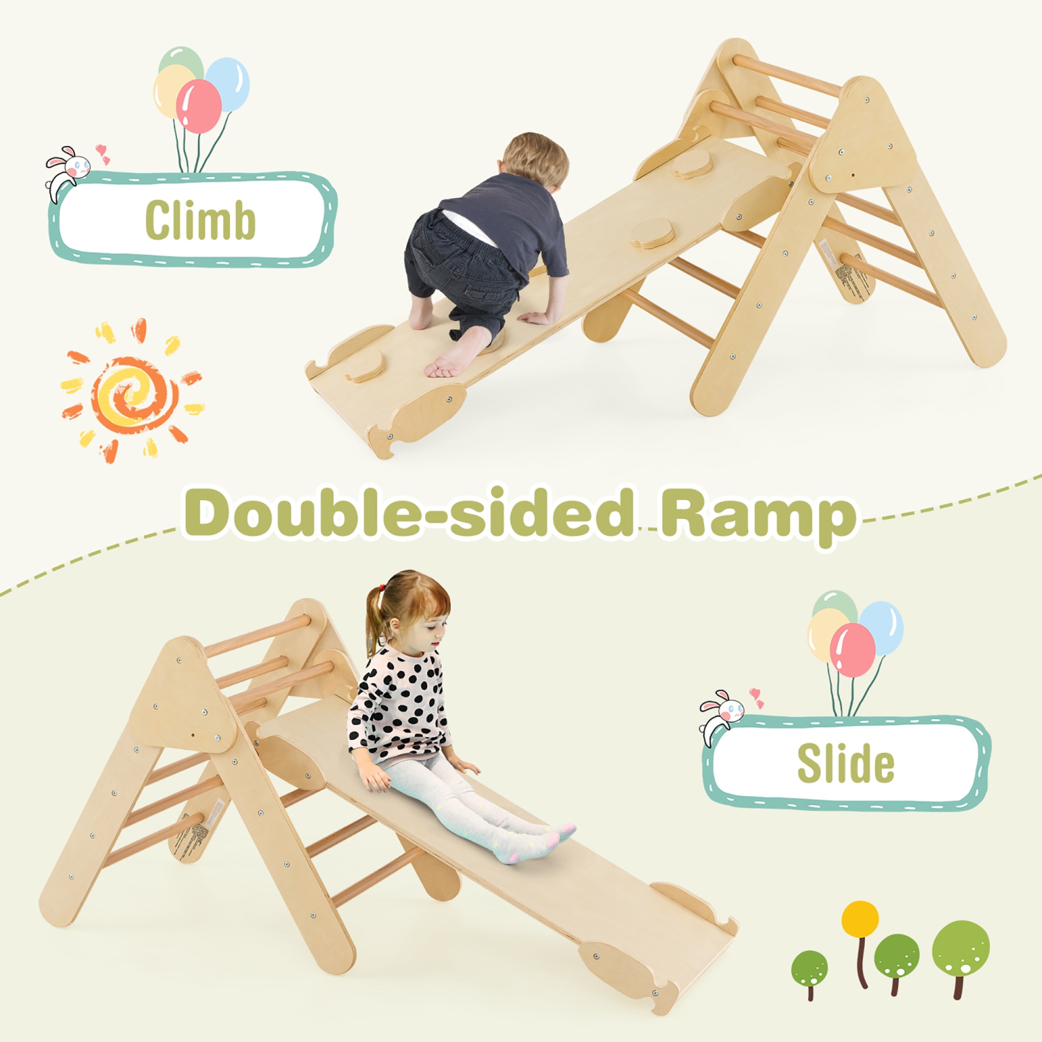 Costway 3-in-1 Kids Climber Set Toddler Wooden Play Arch with Sliding and Climbing Ramp