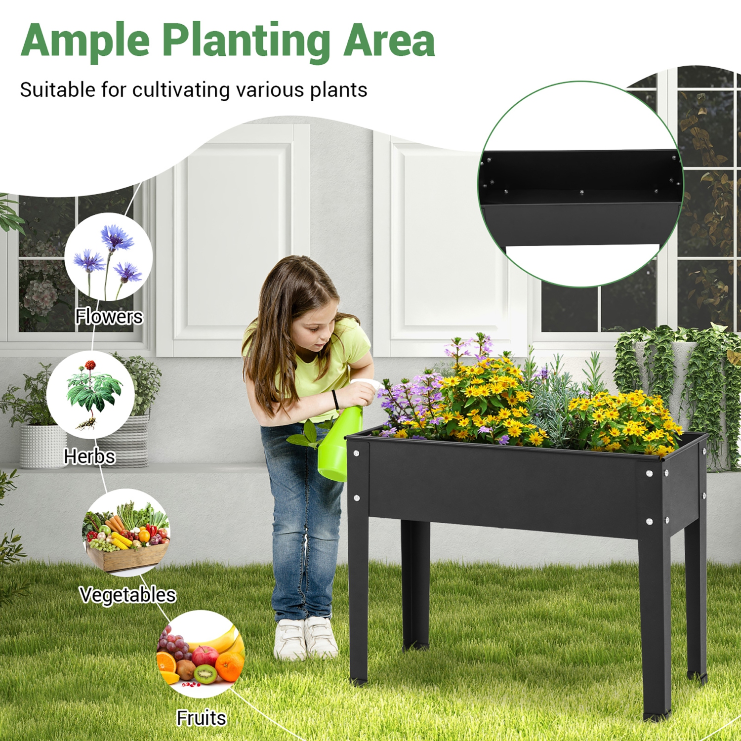 Costway 24" Raised Garden Bed with Legs Metal Elevated Planter Box Drainage Hole Backyard