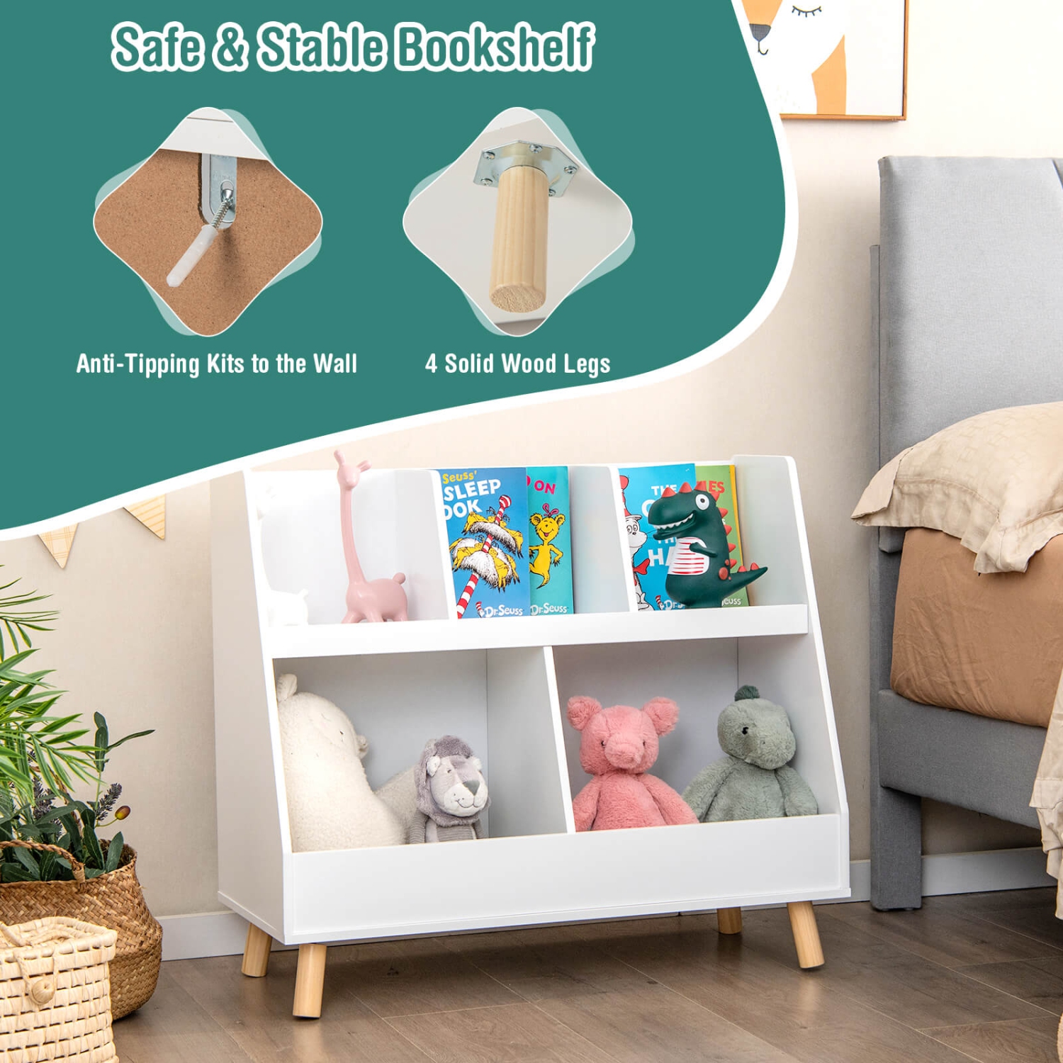 Bibliothèque de rangement en bois à 5 cubes avec pattes en bois pour enfants de Costway