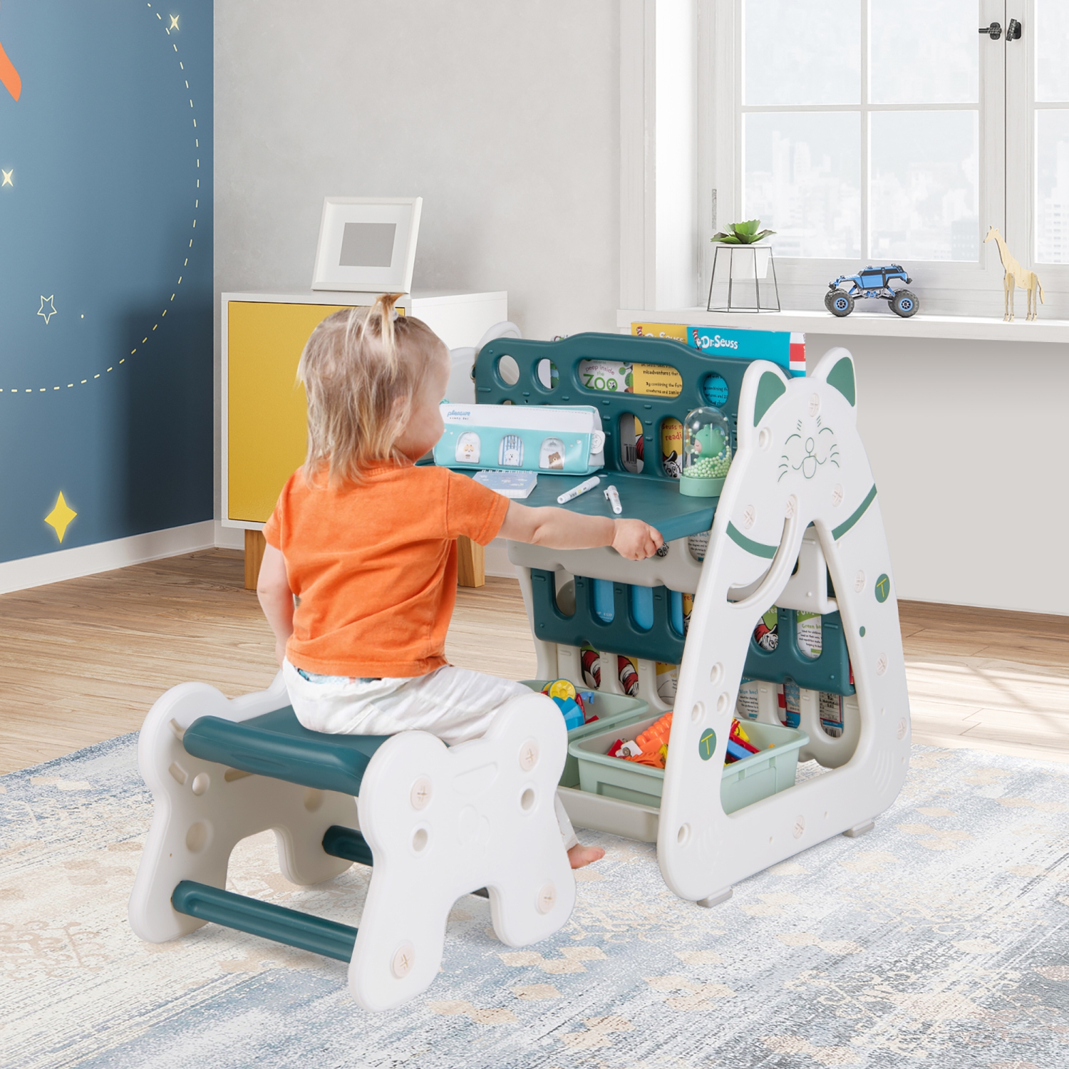 Chevalet 3-en-1 pour enfants avec tabouret tableau magnétique effaçable à sec avec support à livre vert de Costway