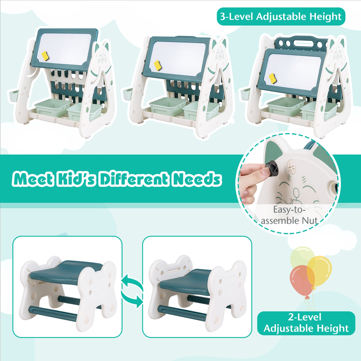 Chevalet 3-en-1 pour enfants avec tabouret tableau magnétique effaçable à sec avec support à livre vert de Costway