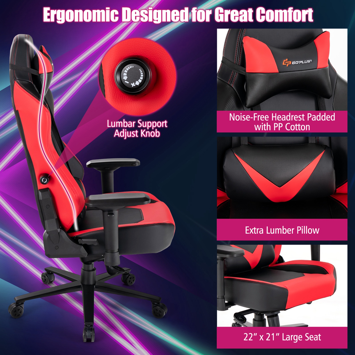 Goplus Gaming Chair 360° Swivel Computer Reclining Height Adjustable 4D Armrest Red