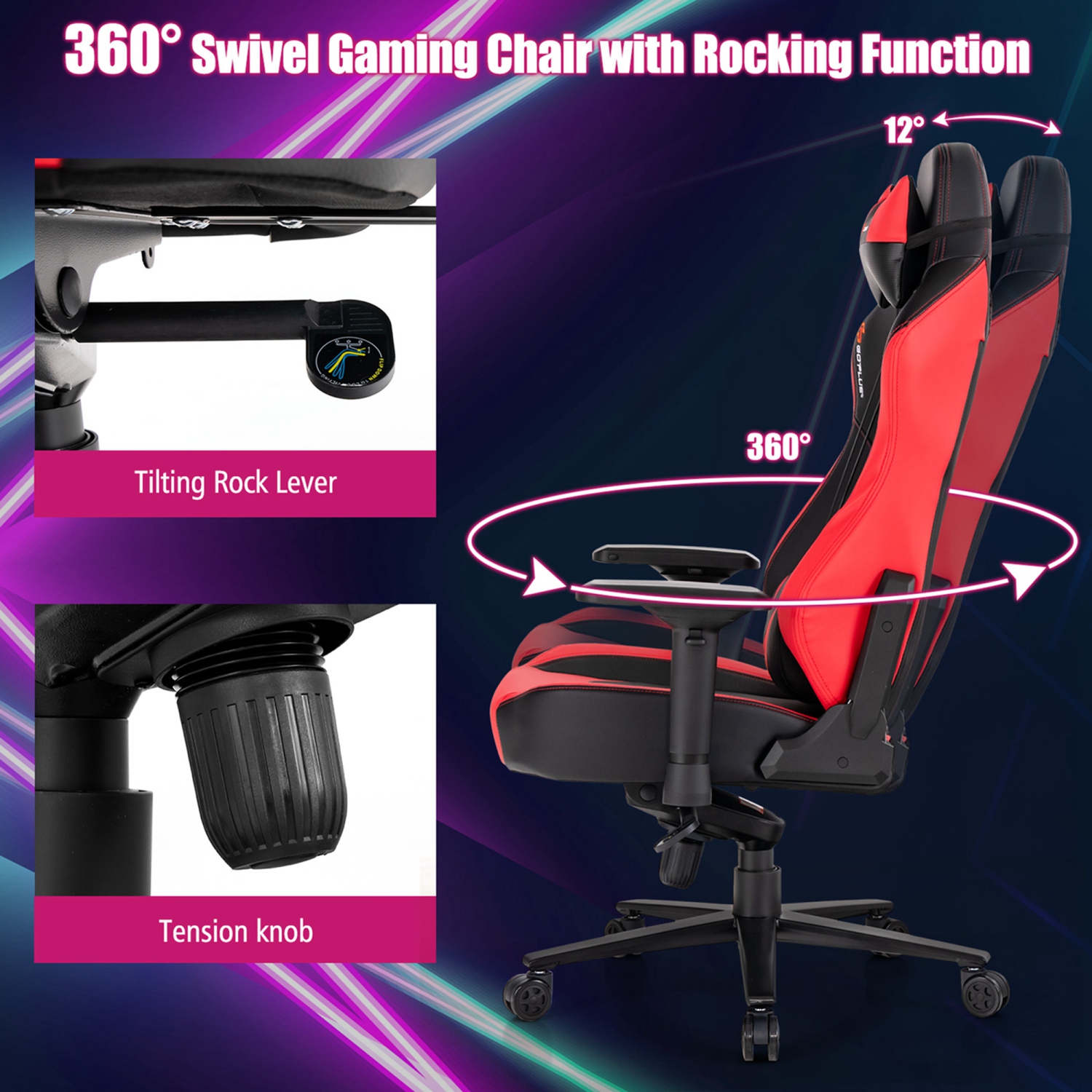 Goplus Gaming Chair 360° Swivel Computer Reclining Height Adjustable 4D Armrest Red