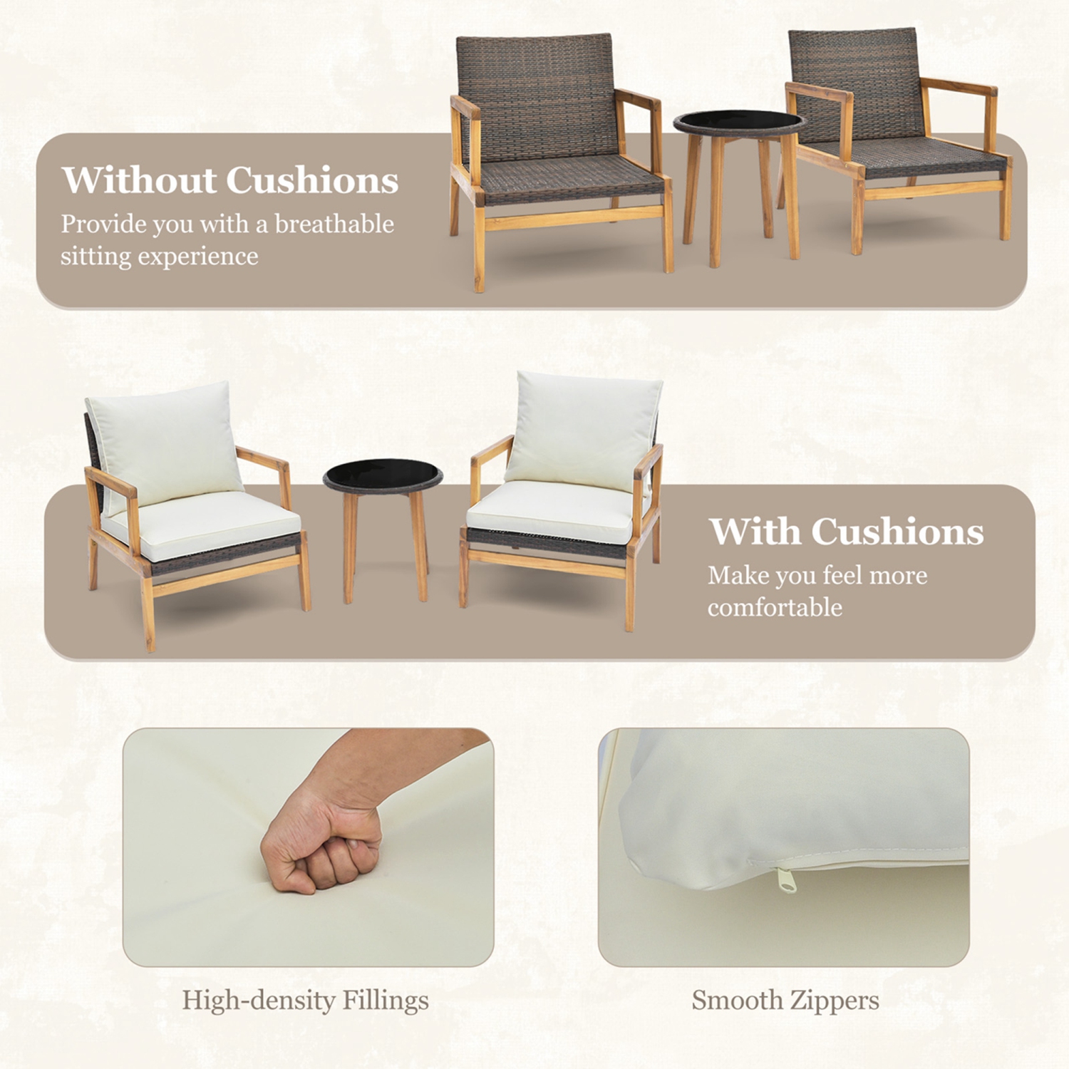 Costway 3 PCS Outdoor Furniture Set with Cushioned Chairs and Tempered Glass Side Table