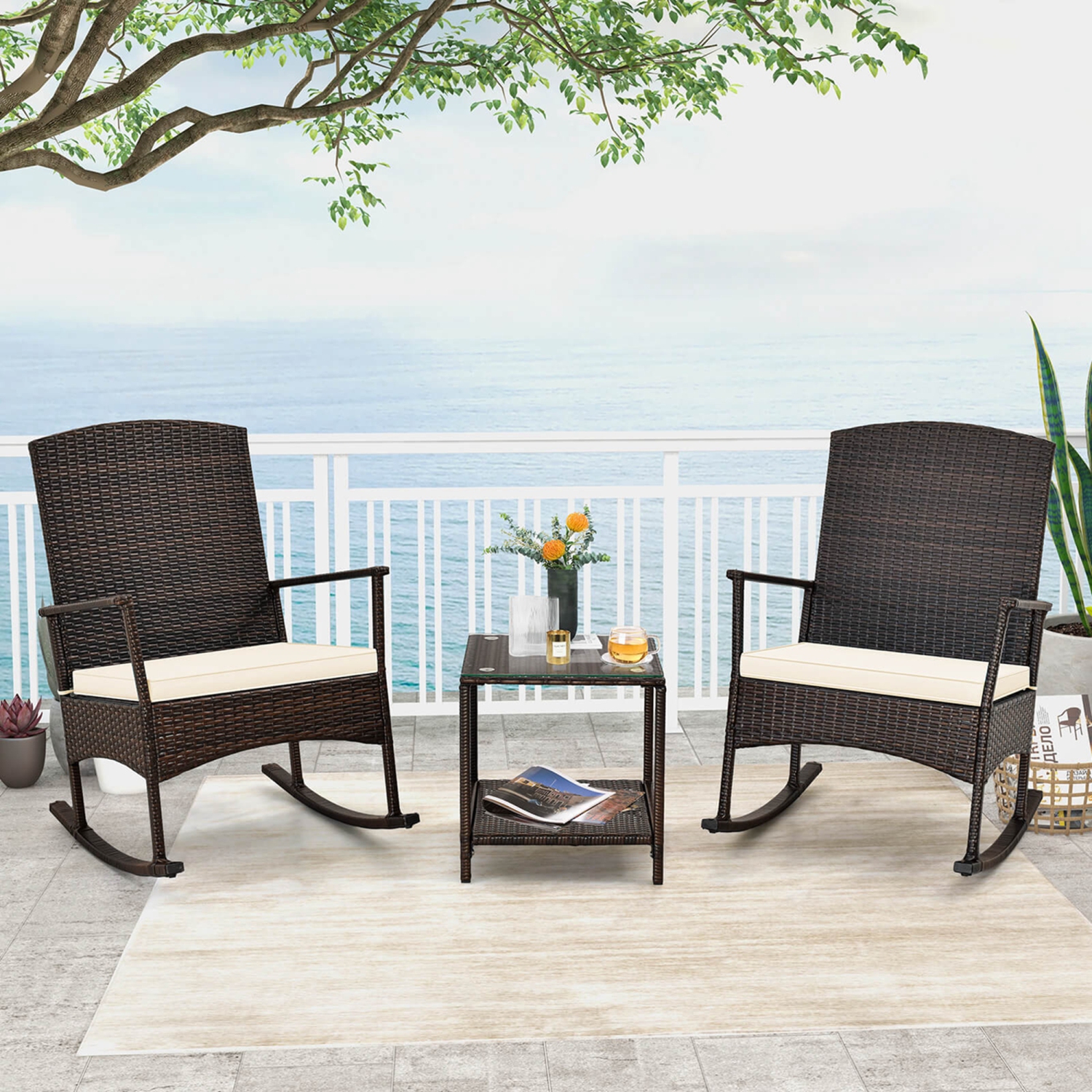 Costway 3 Piece Patio Rocking Set Wicker Rocking Chairs with 2-Tier Coffee Table