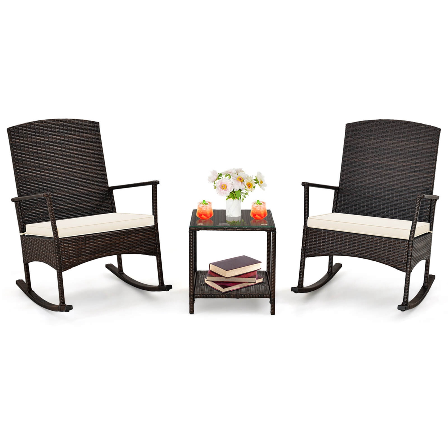 Costway 3 Piece Patio Rocking Set Wicker Rocking Chairs with 2-Tier Coffee Table