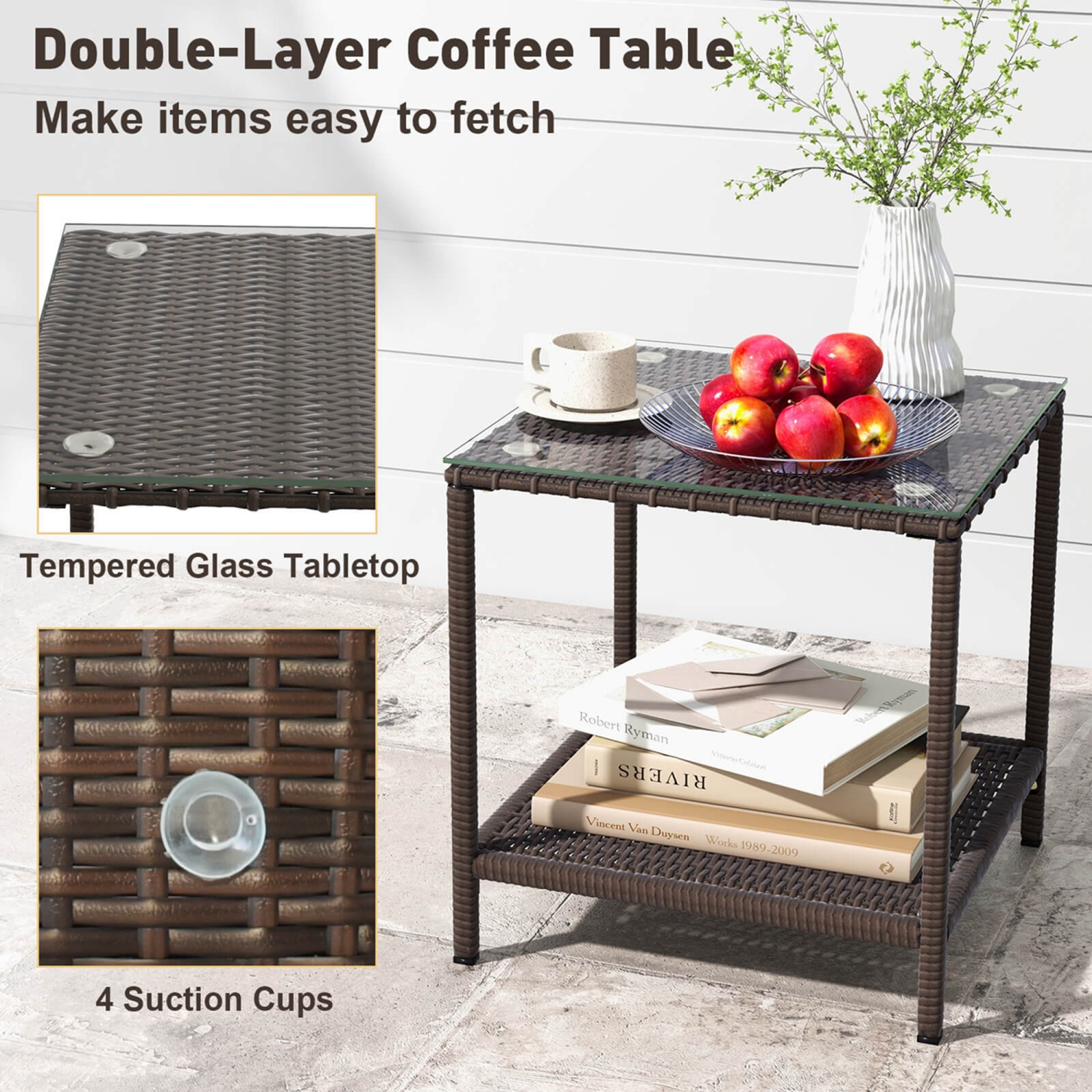 Costway 3 Piece Patio Rocking Set Wicker Rocking Chairs with 2-Tier Coffee Table