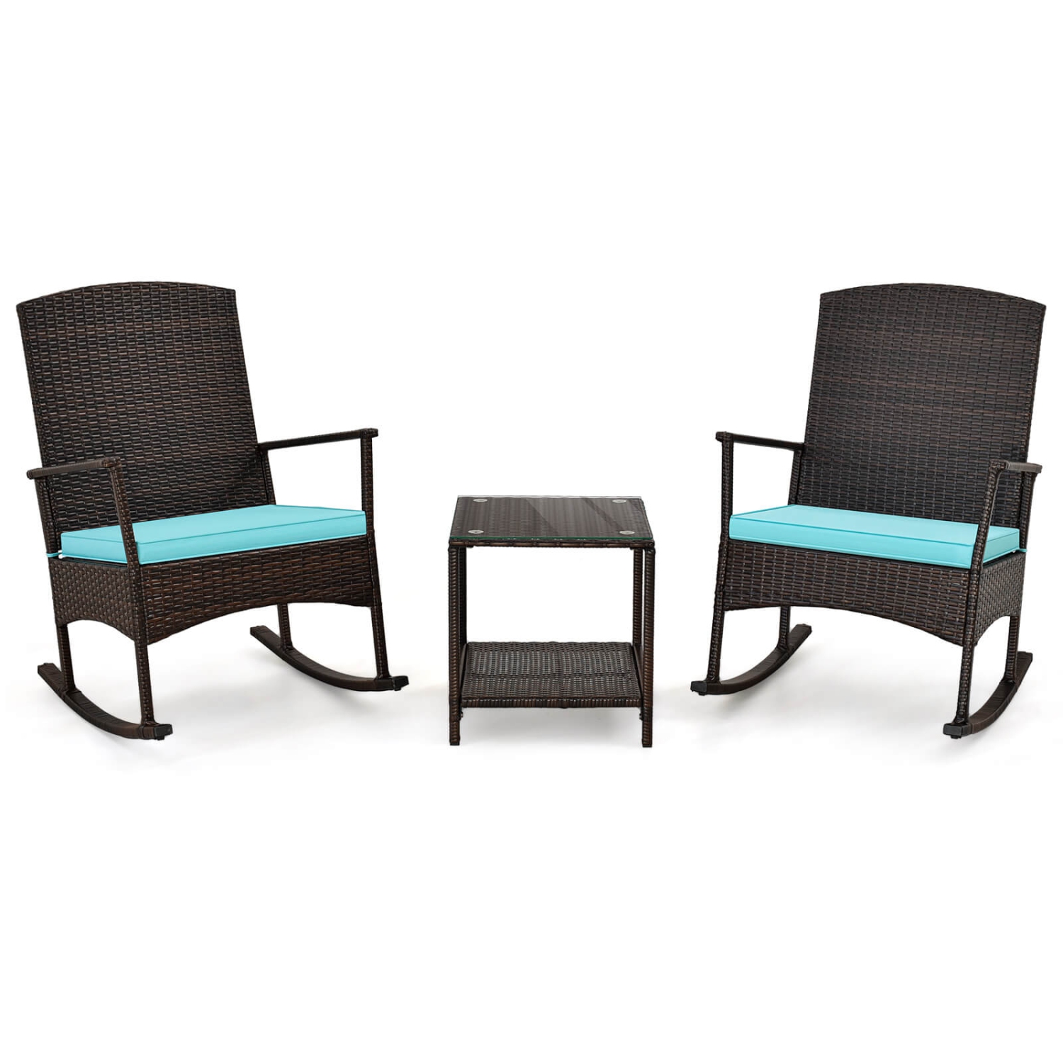 Costway 3 Piece Patio Rocking Set Wicker Rocking Chairs with 2-Tier Coffee Table