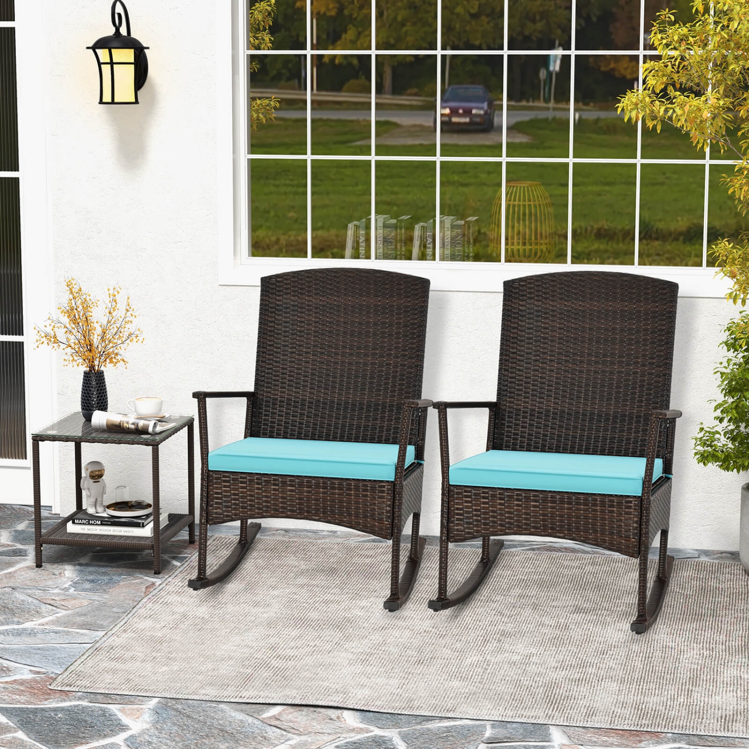 Costway 3 Piece Patio Rocking Set Wicker Rocking Chairs with 2-Tier Coffee Table