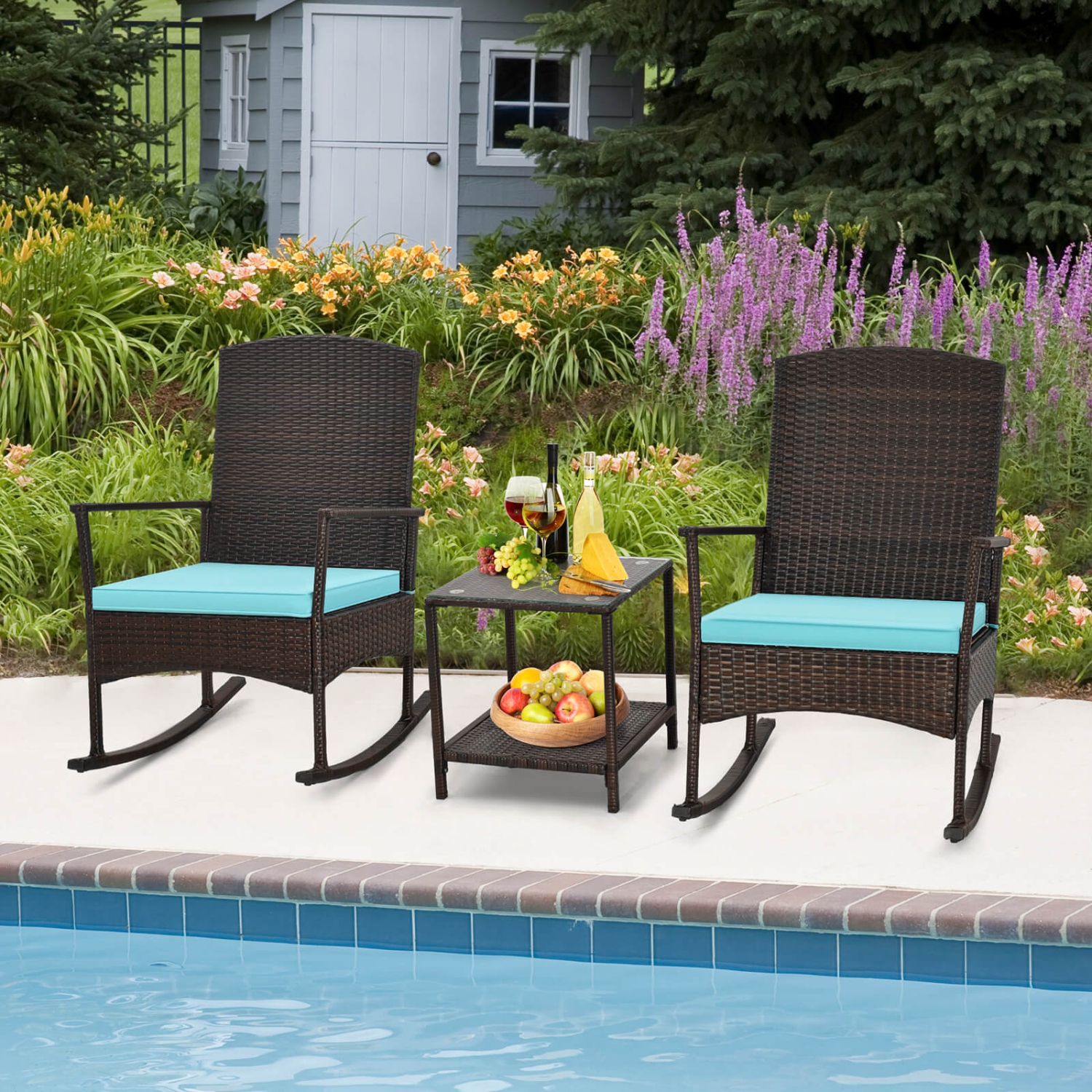 Costway 3 Piece Patio Rocking Set Wicker Rocking Chairs with 2-Tier Coffee Table