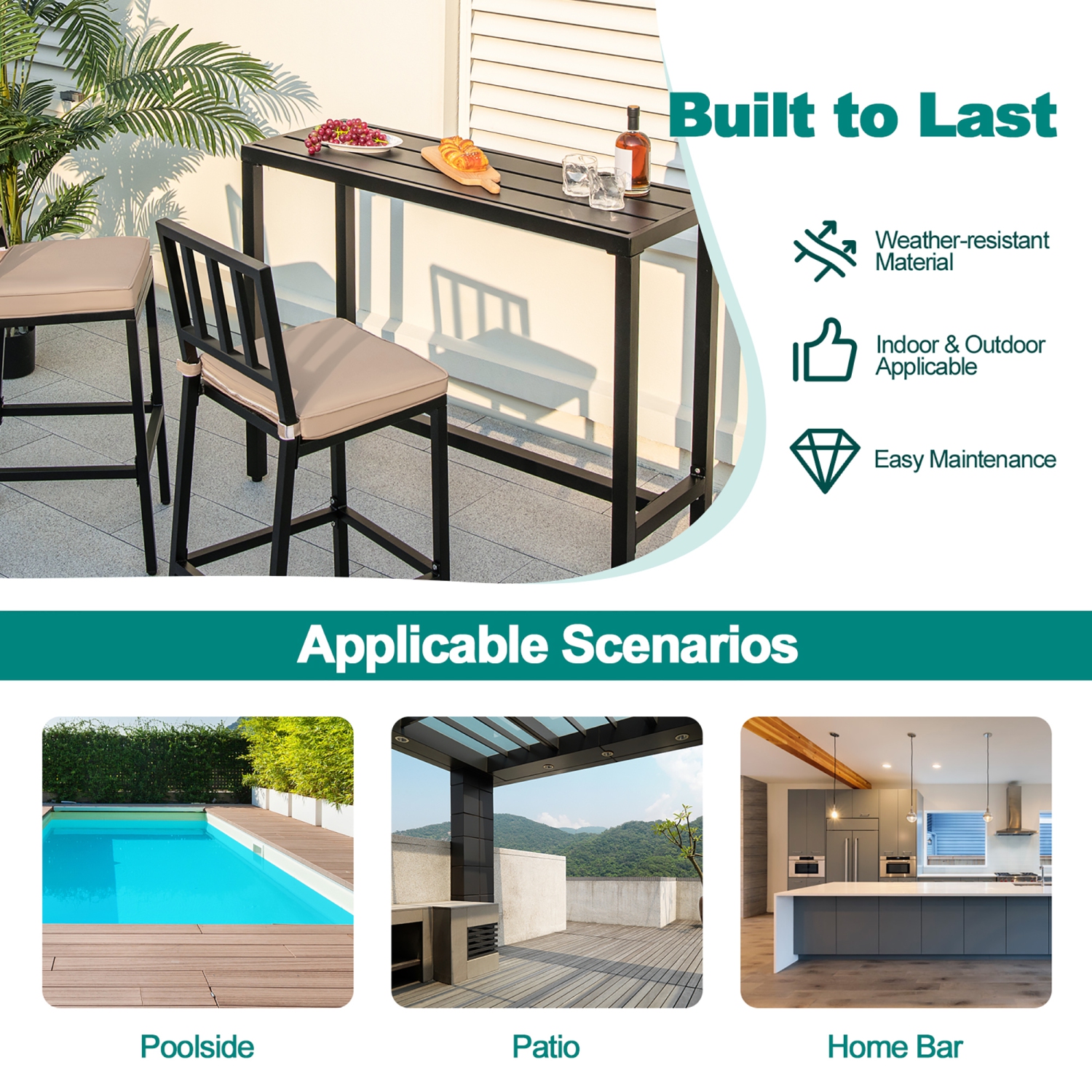 Costway 3PCS Outdoor Metal Bar Table & Chairs Set Patio Dining Table Set with Cushion