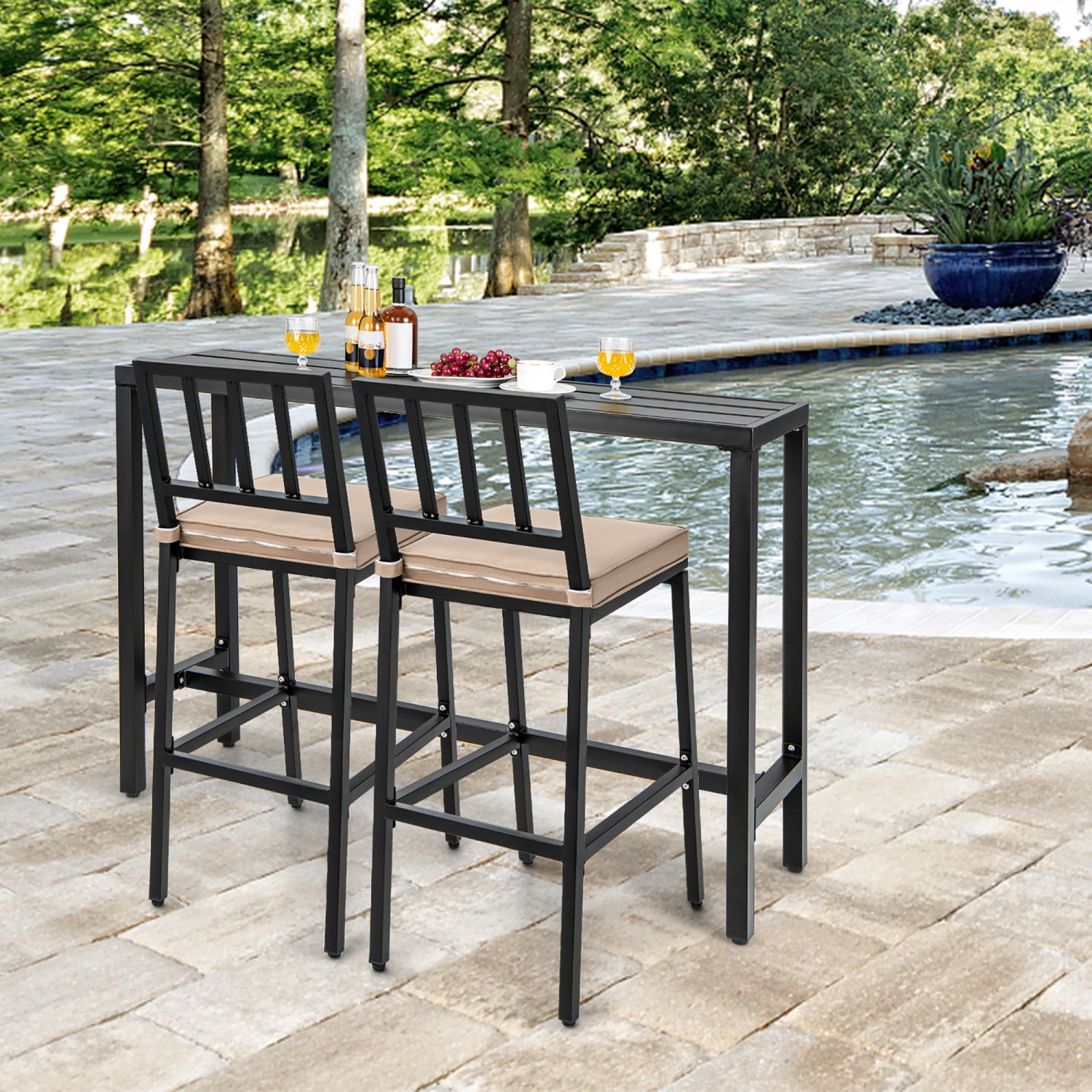 Costway 3PCS Outdoor Metal Bar Table & Chairs Set Patio Dining Table Set with Cushion