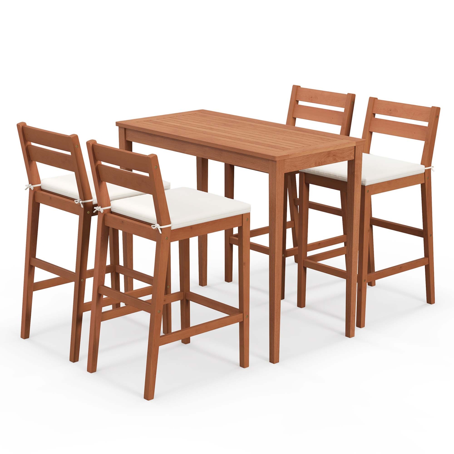 Costway 5 PCS Patio Eucalyptus Wood Bar Set Bar Height Dining Table & 4 Cushioned Chairs