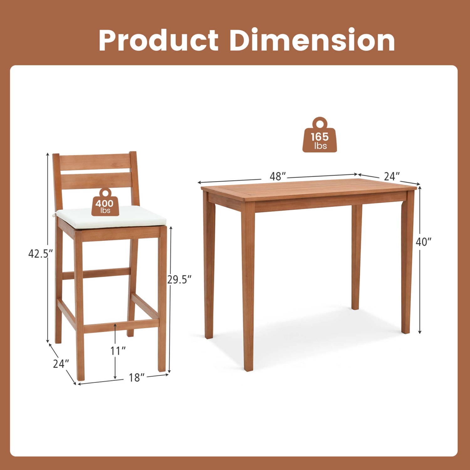 Costway 5 PCS Patio Eucalyptus Wood Bar Set Bar Height Dining Table & 4 Cushioned Chairs