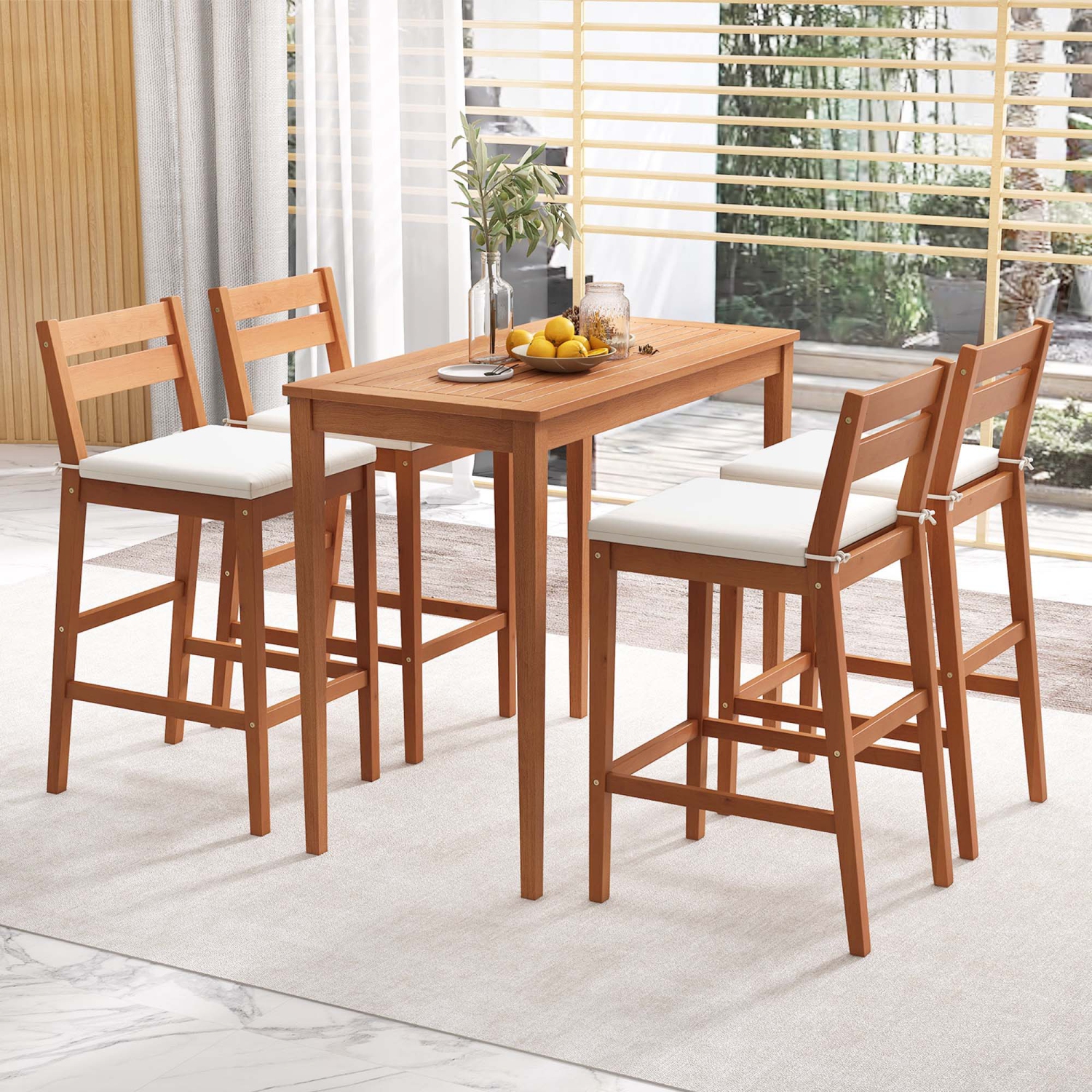 Costway 5 PCS Patio Eucalyptus Wood Bar Set Bar Height Dining Table & 4 Cushioned Chairs