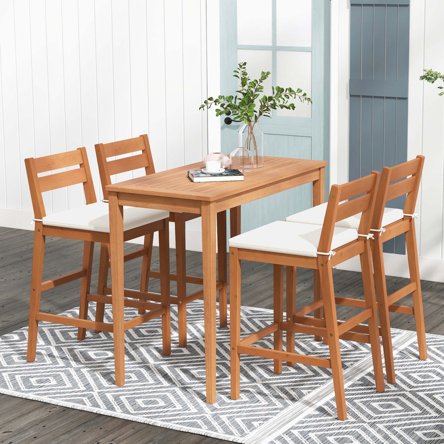 Costway 5 PCS Patio Eucalyptus Wood Bar Set Bar Height Dining Table & 4 Cushioned Chairs