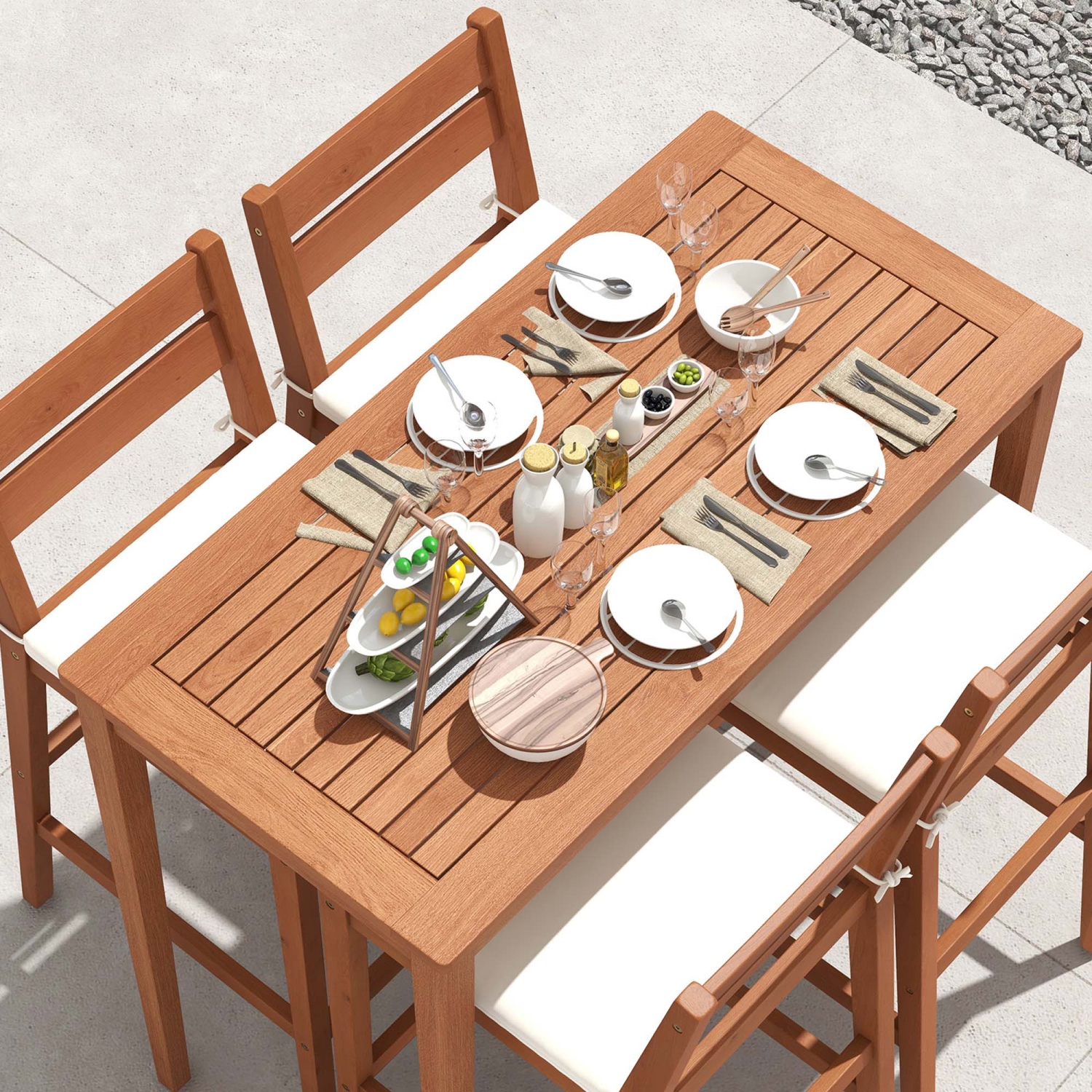 Costway 5 PCS Patio Eucalyptus Wood Bar Set Bar Height Dining Table & 4 Cushioned Chairs